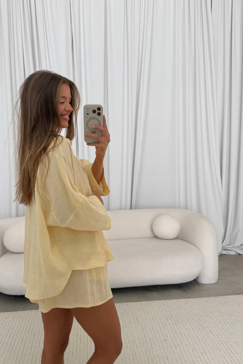 Anne 100% Linen Button Down Shirt in Creamy Yellow - Image 14