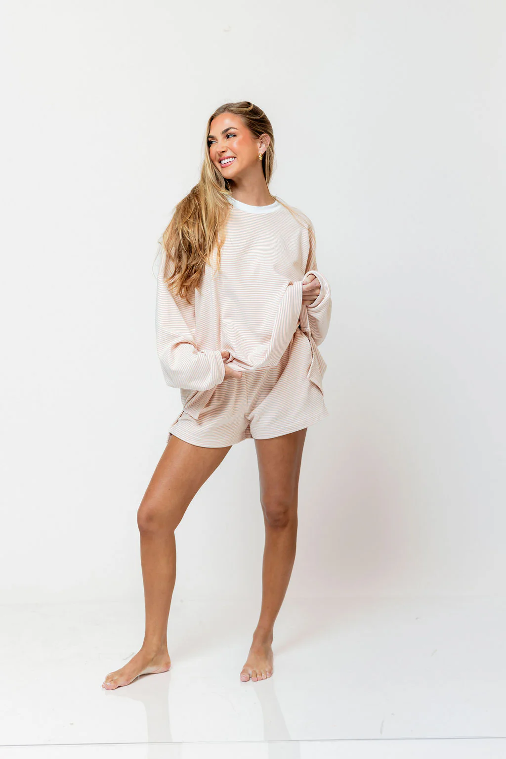 Campbell Striped Fleece Shorts in Blush - Image 12