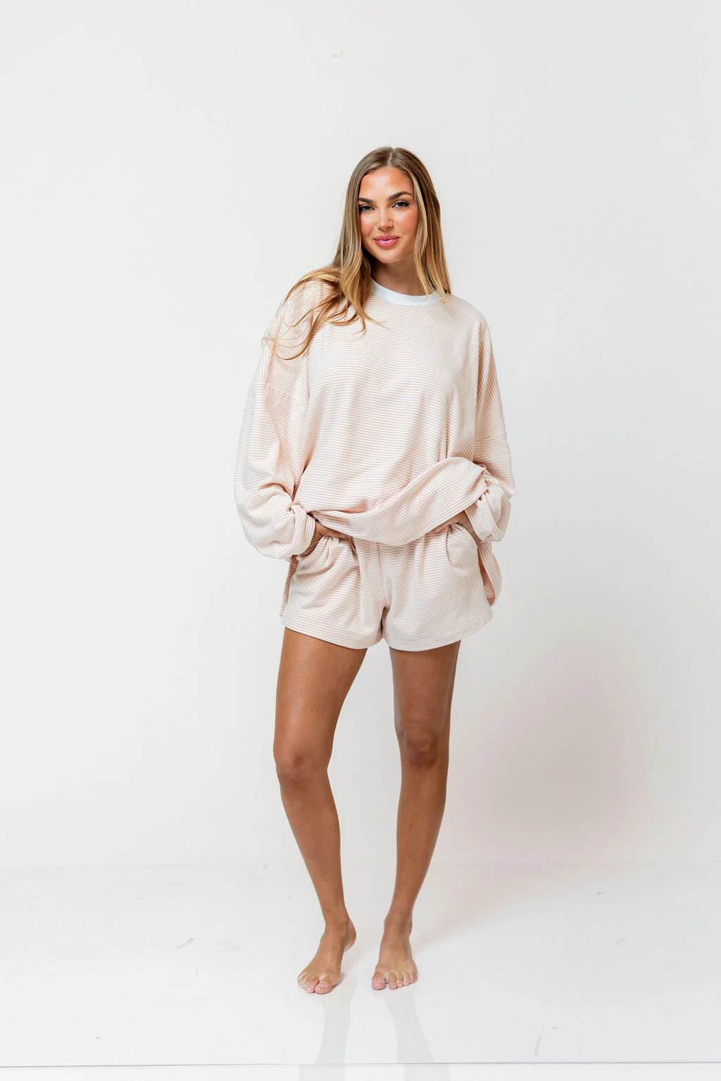 Campbell Striped Fleece Shorts in Blush - Image 7