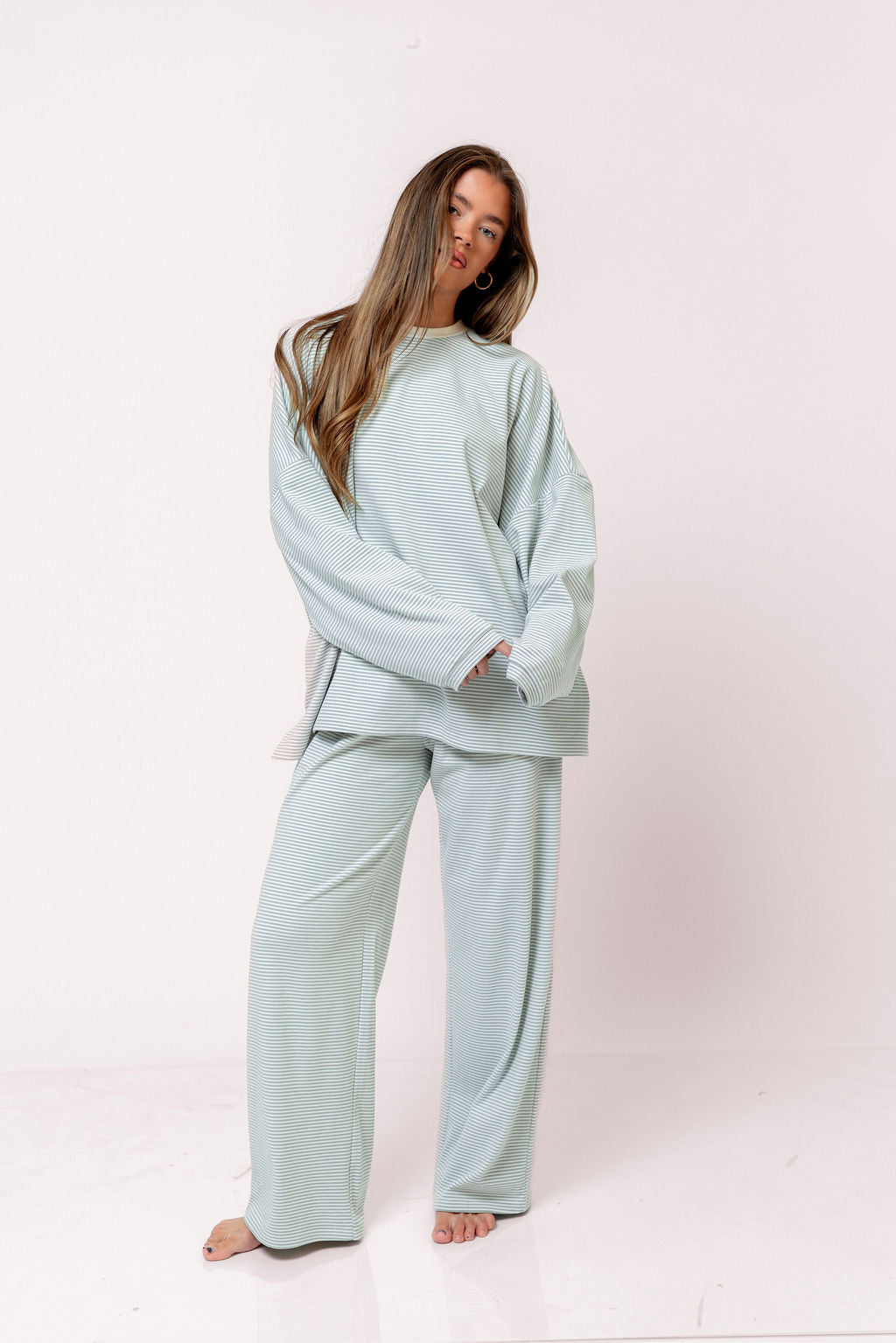Campbell Striped Fleece Lounge Pants in Hamptons Blue - Image 8