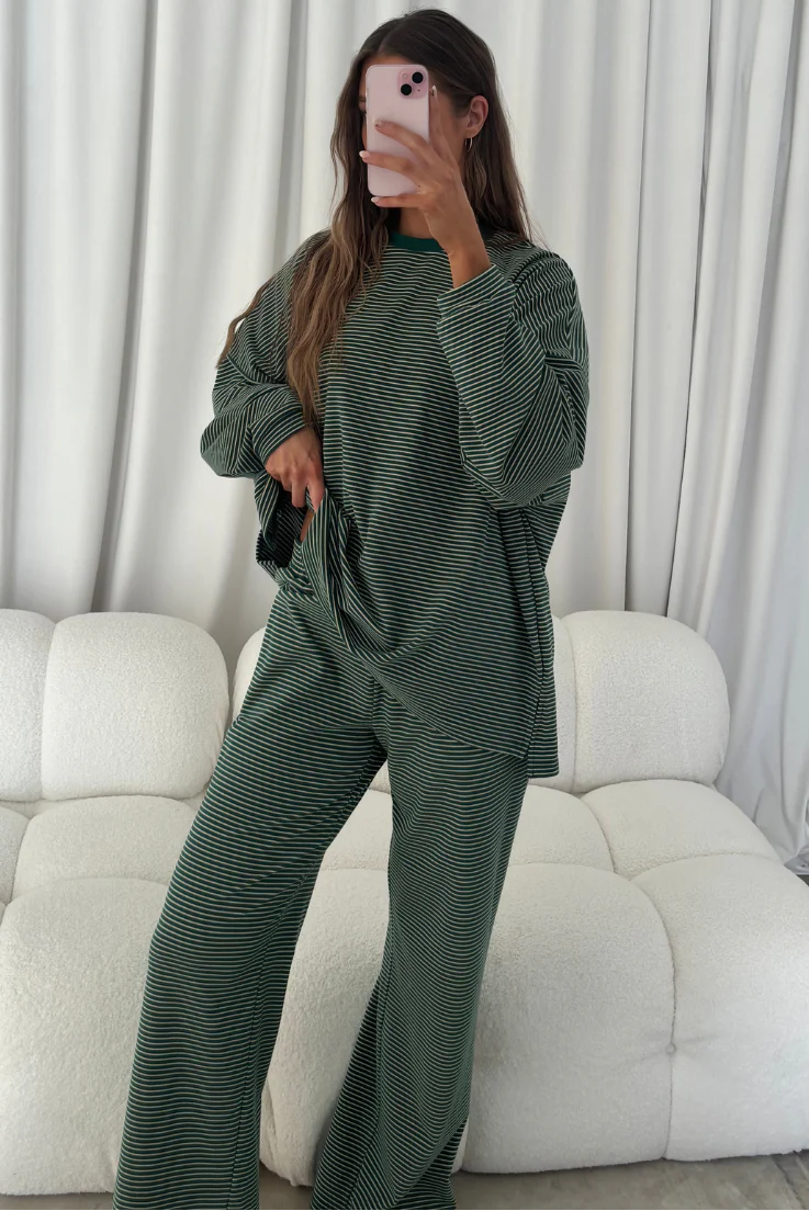 Campbell Striped Fleece Lounge Pants in Forest Green