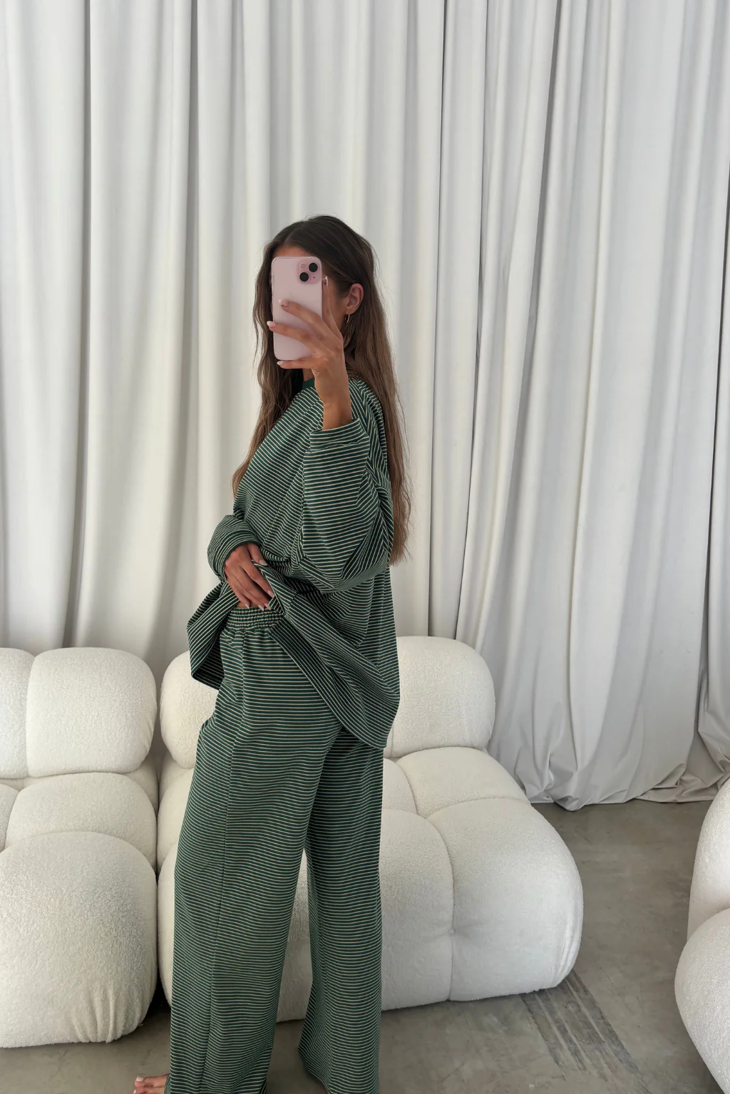 Campbell Striped Fleece Lounge Pants in Forest Green - Image 2