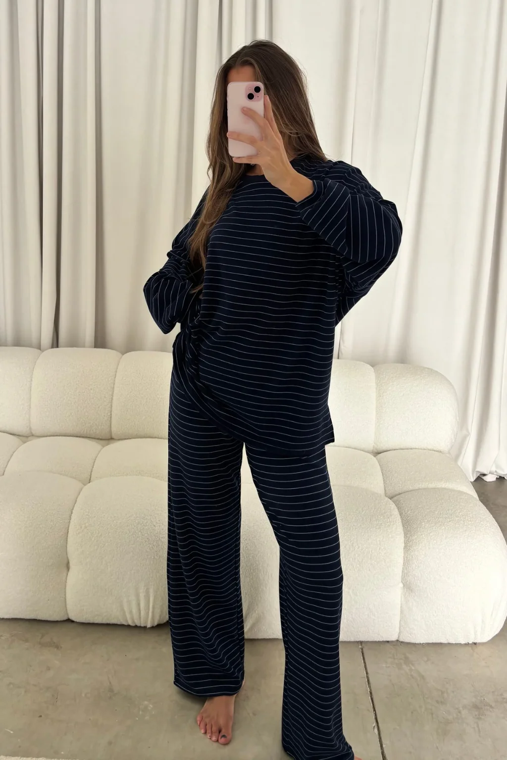 Naomi Striped Fleece Oversized Long Sleeve Top in Navy - Image 3