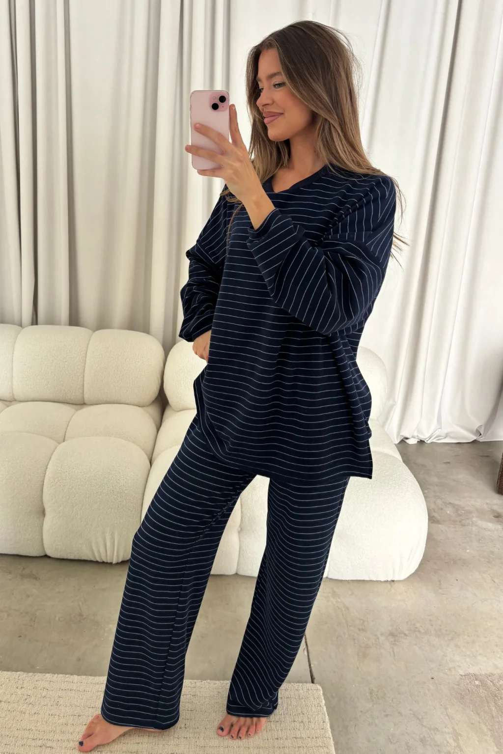 Naomi Striped Fleece Oversized Long Sleeve Top in Navy - Image 5