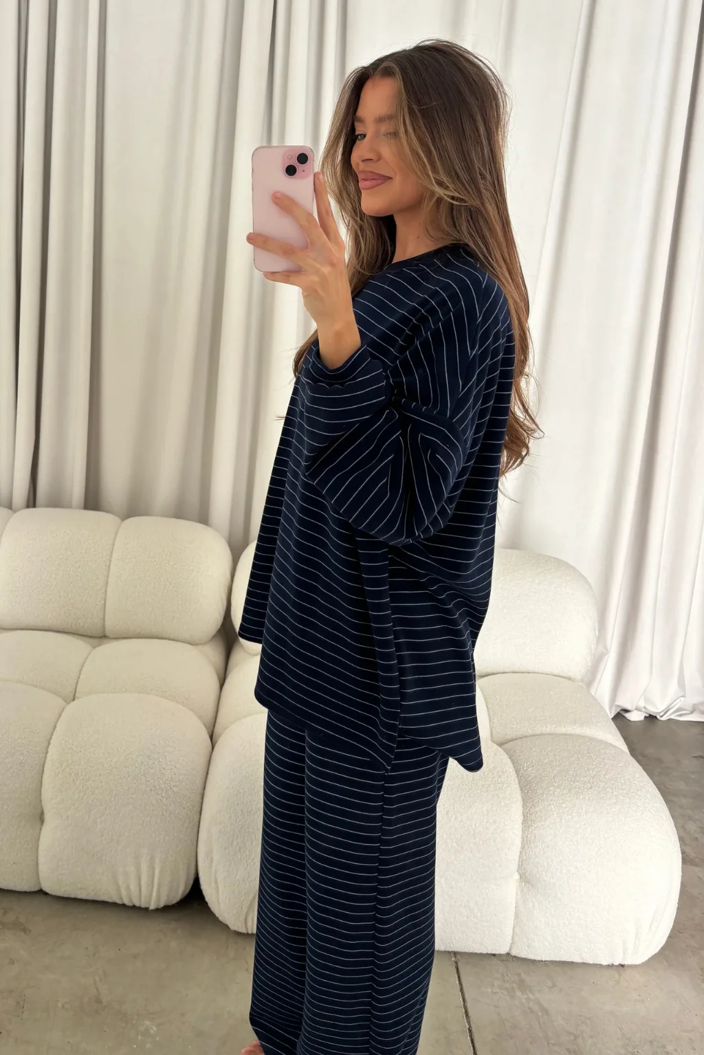 Naomi Striped Fleece Oversized Long Sleeve Top in Navy - Image 7