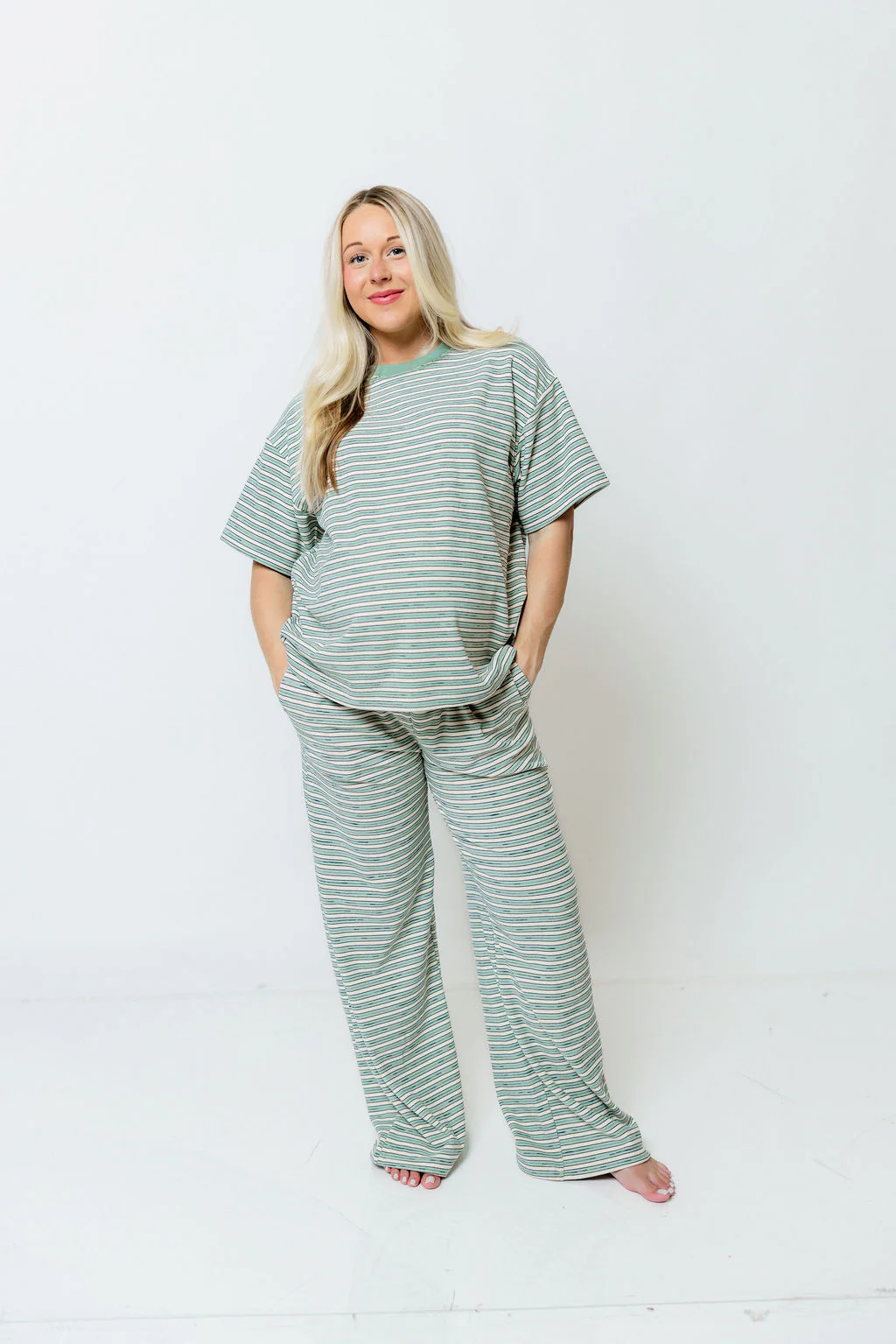 Campbell Striped Fleece Lounge Pants in Sage - Image 8