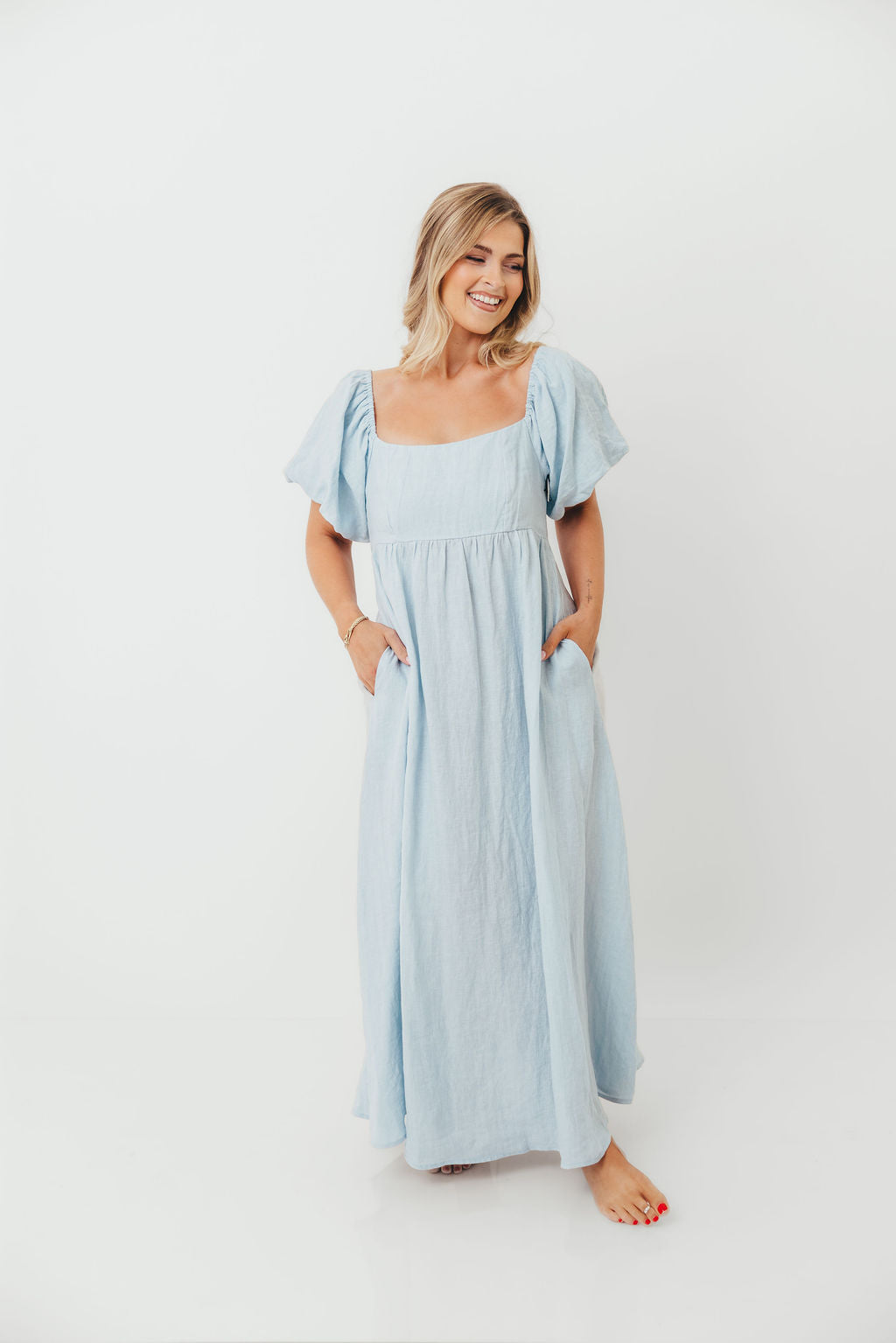 Candace Linen Maxi Dress in Light Blue - Bump Friendly - Image 46