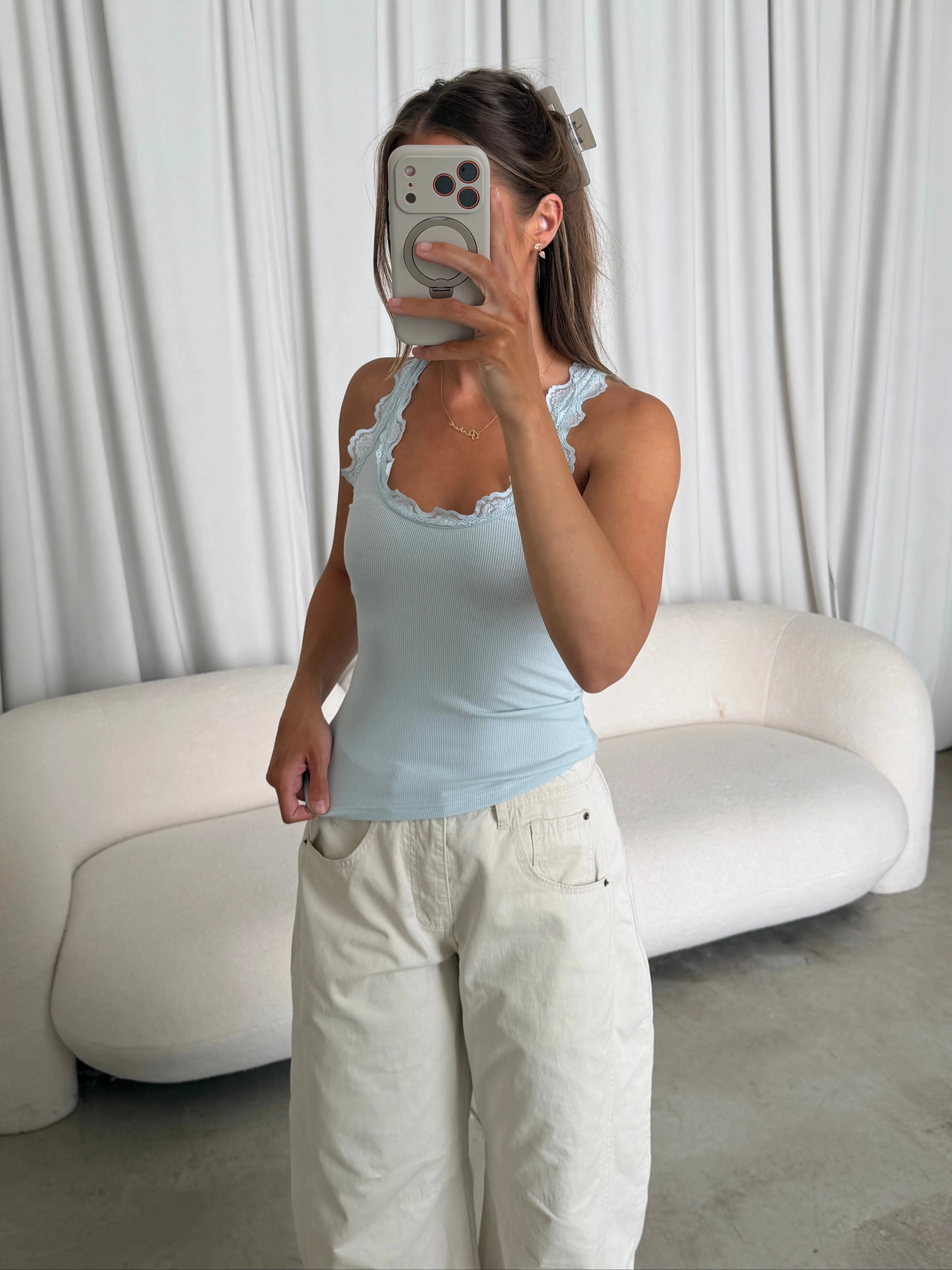 Carina Lace Trim Tank Top in Ice Blue - Image 2