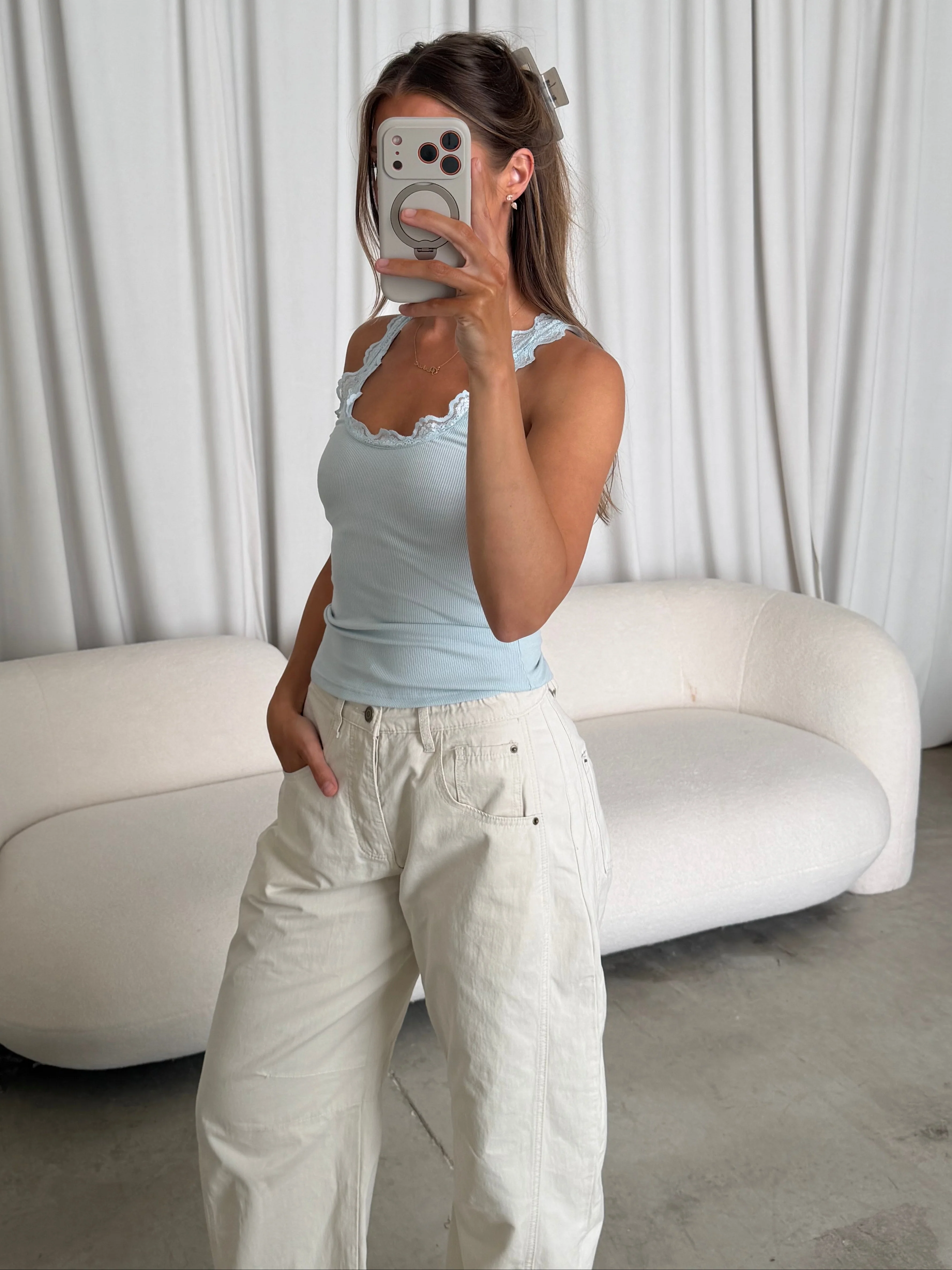 Carina Lace Trim Tank Top in Ice Blue - Image 4
