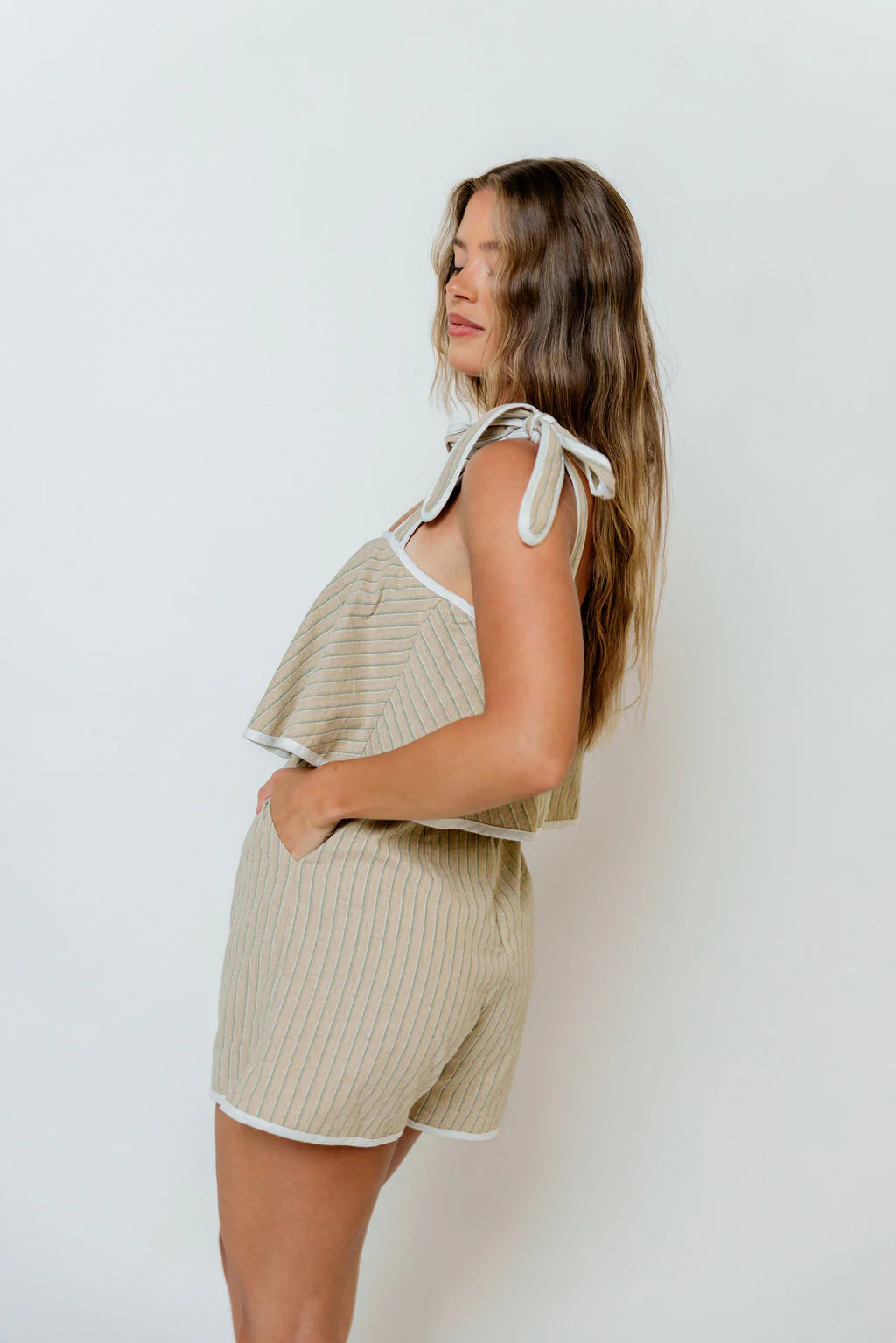 Carly Striped Romper in Taupe/Green - Image 2