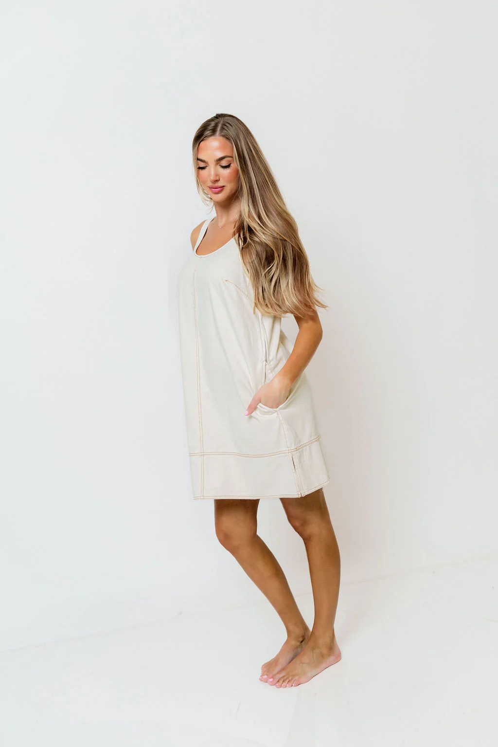 Kelsi 100% Cotton Casual Mini Dress in Ecru - Image 5