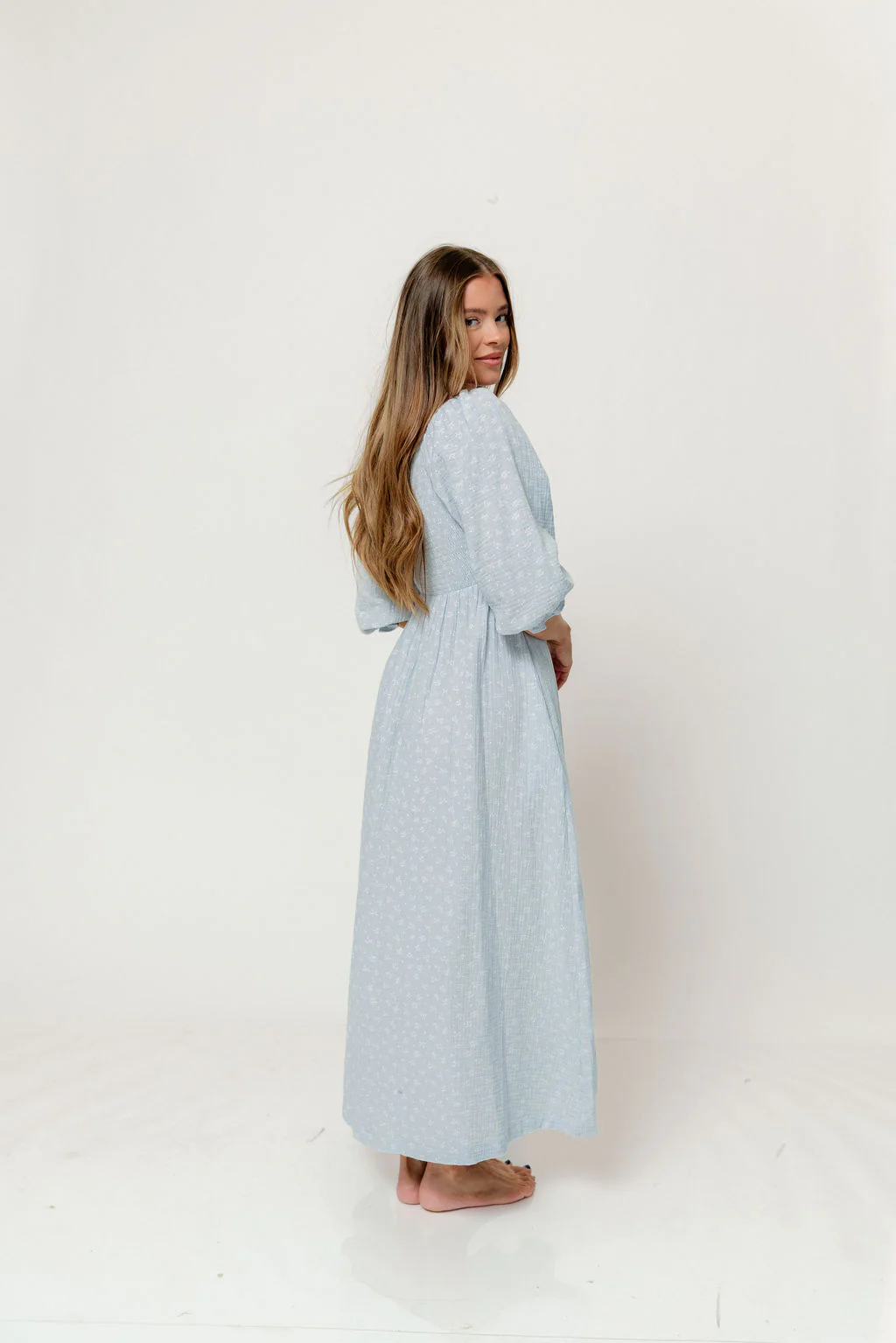 Cecilia 100% Cotton Smocked Maxi Dress in Baby Blue Foliage - Bump Friendly - Image 3