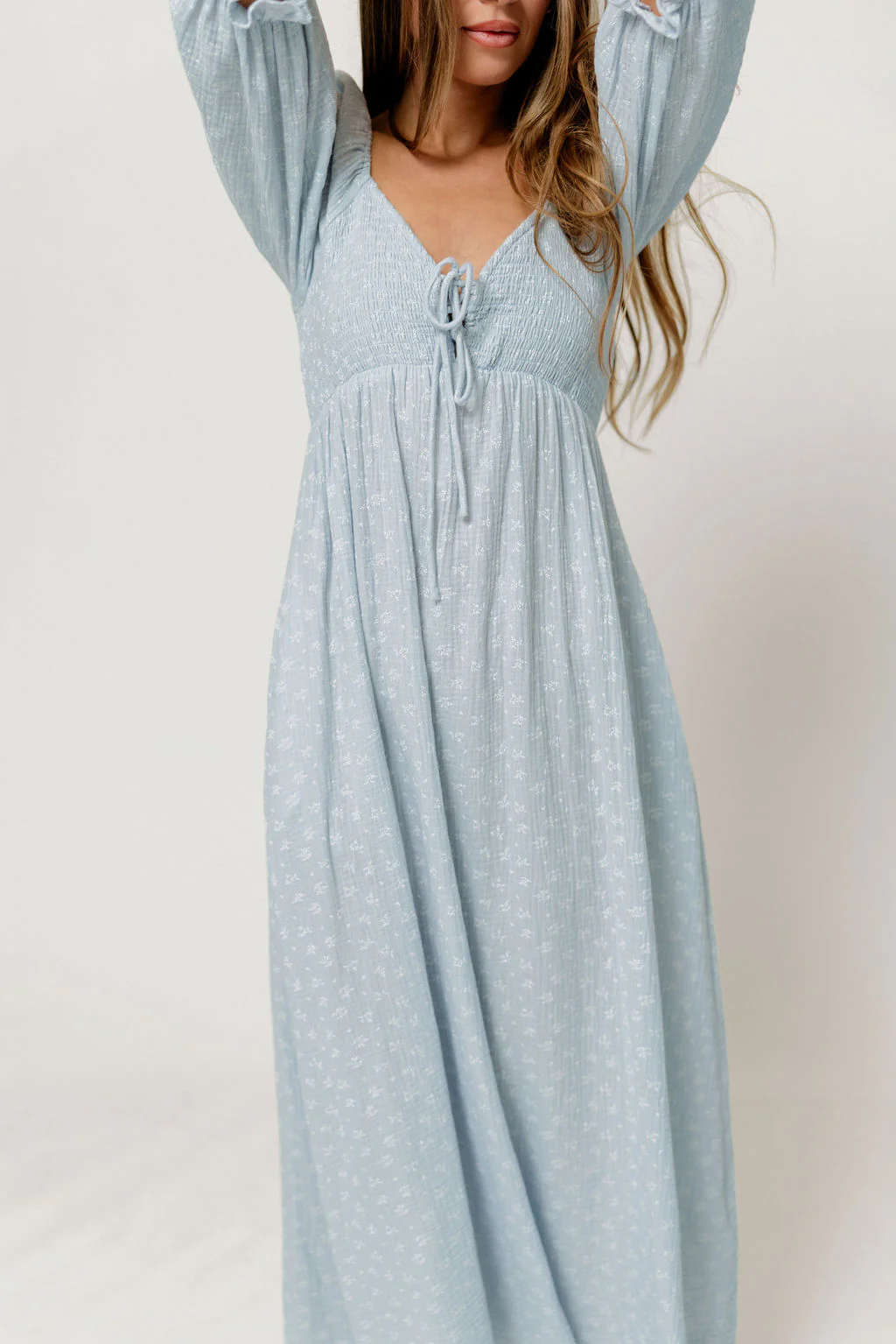 Cecilia 100% Cotton Smocked Maxi Dress in Baby Blue Foliage - Bump Friendly - Image 4