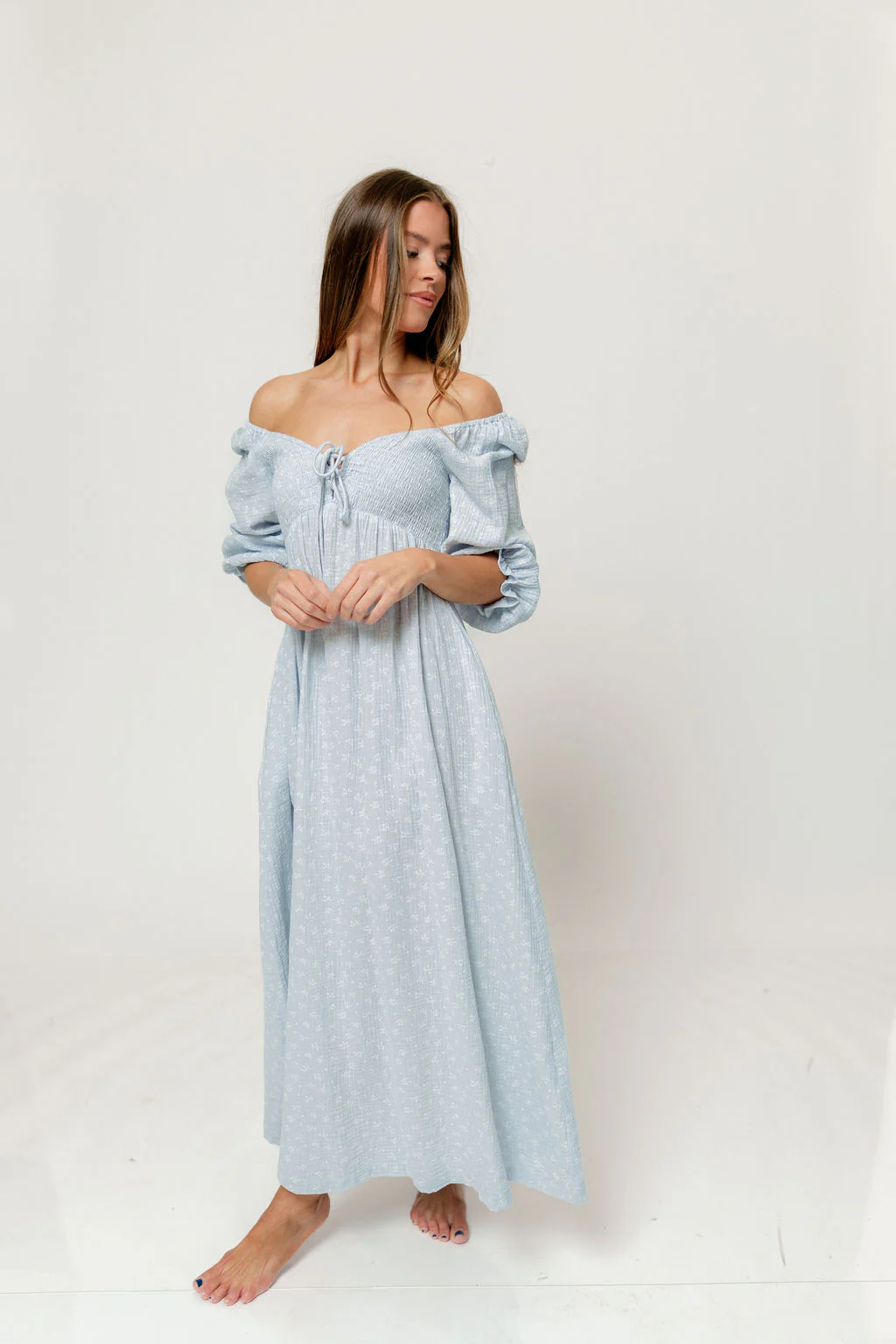 Cecilia 100% Cotton Smocked Maxi Dress in Baby Blue Foliage - Bump Friendly - Image 5