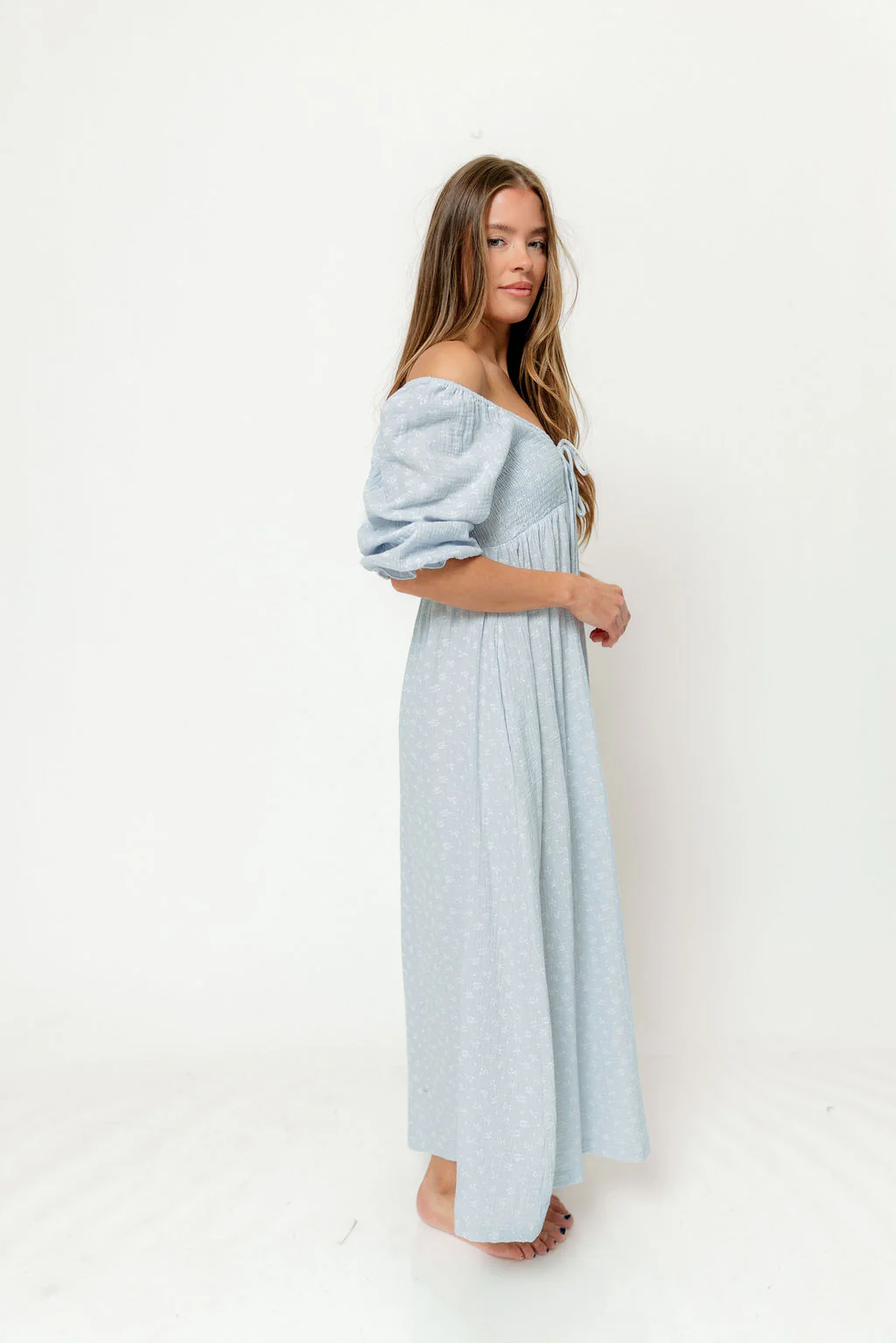 Cecilia 100% Cotton Smocked Maxi Dress in Baby Blue Foliage - Bump Friendly - Image 6