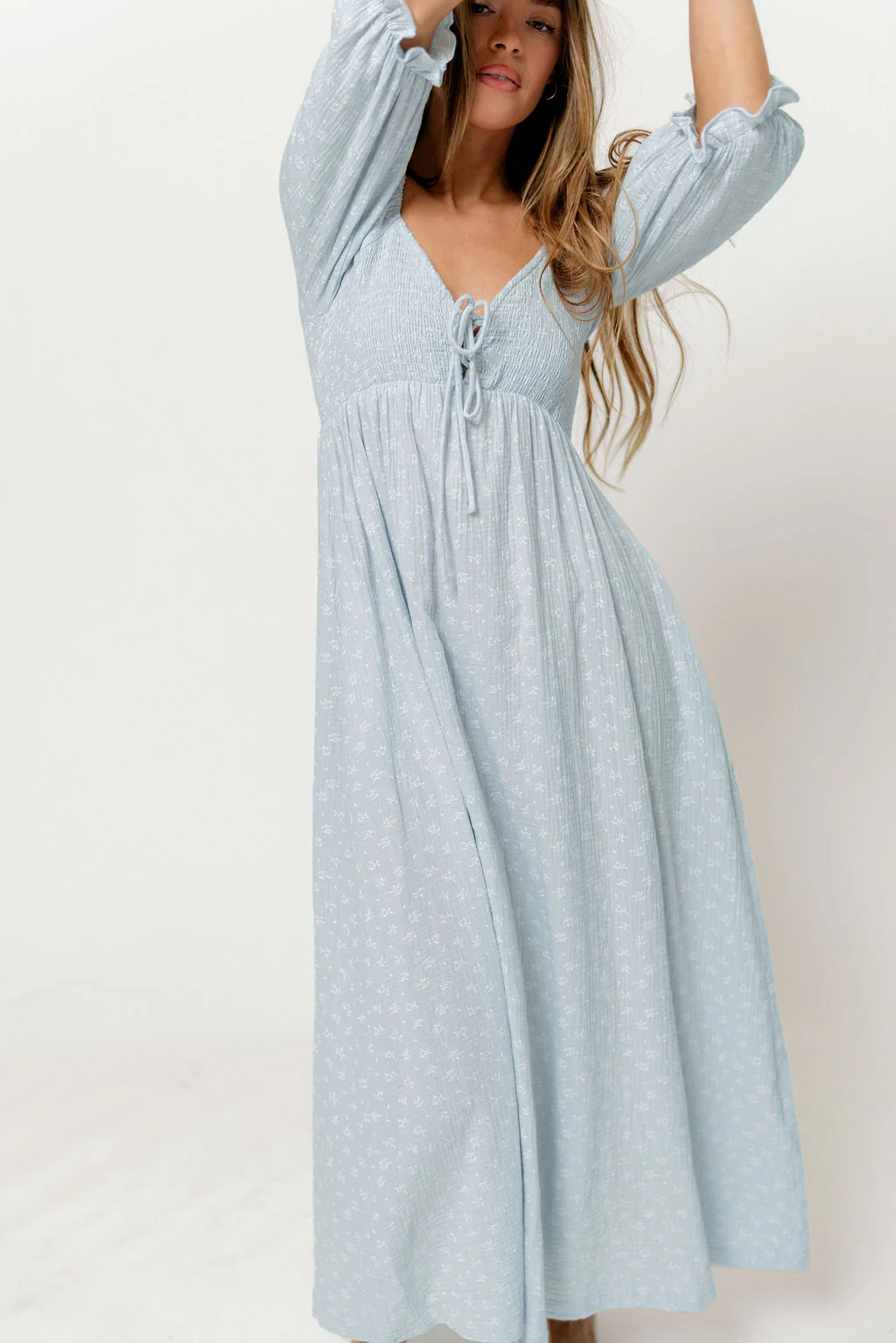 Cecilia 100% Cotton Smocked Maxi Dress in Baby Blue Foliage - Bump Friendly - Image 7
