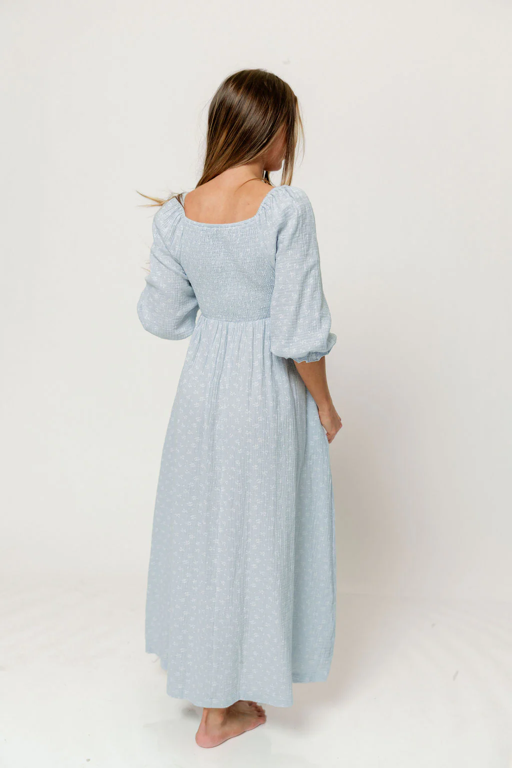Cecilia 100% Cotton Smocked Maxi Dress in Baby Blue Foliage - Bump Friendly - Image 8