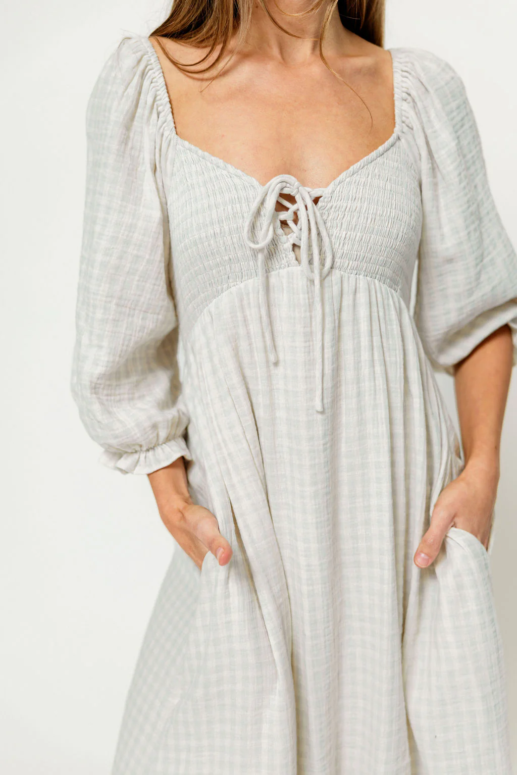 Cecilia 100% Cotton Smocked Maxi Dress in Baby Blue Plaid (Lined) - Bump Friendly - Image 3