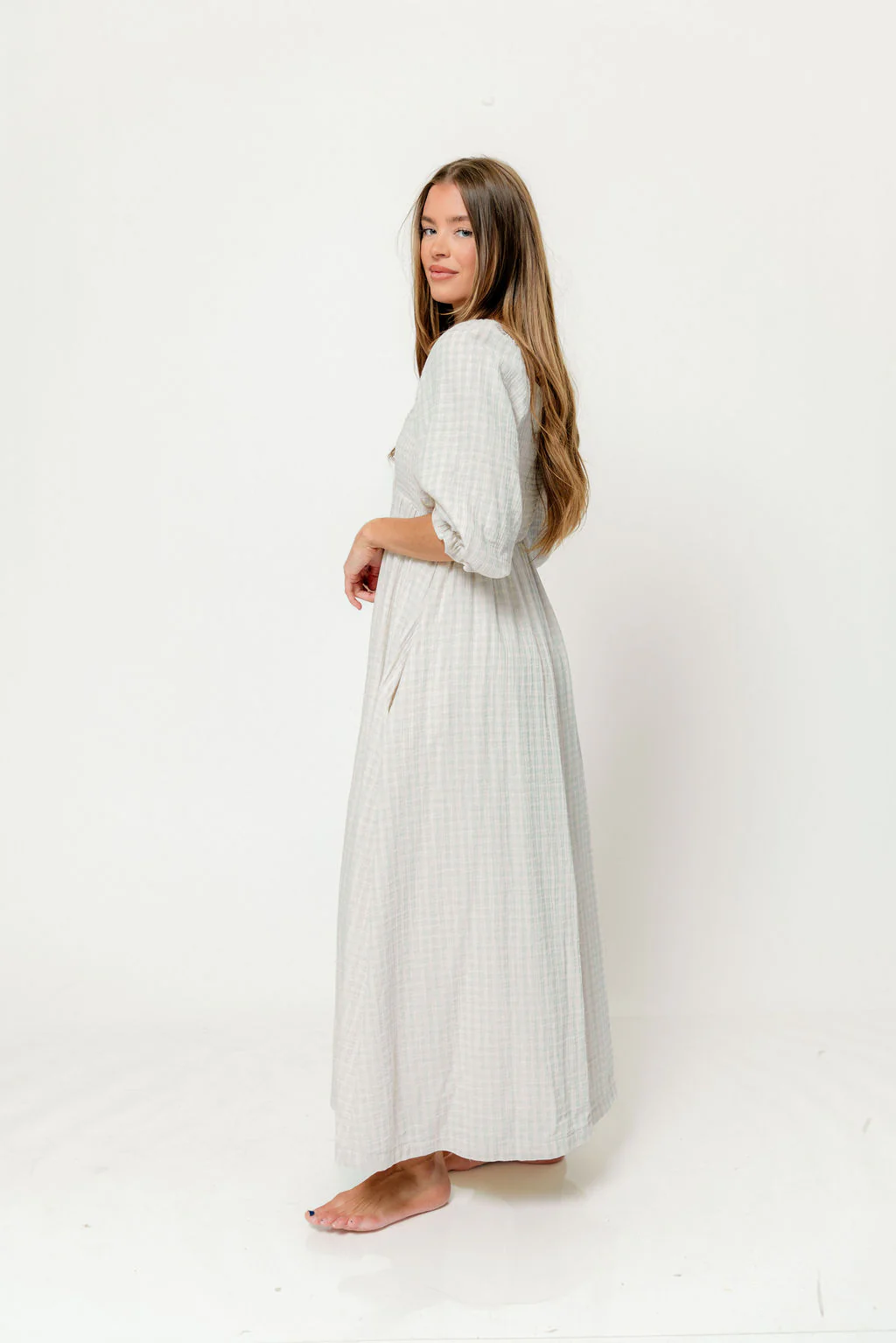 Cecilia 100% Cotton Smocked Maxi Dress in Baby Blue Plaid (Lined) - Bump Friendly - Image 5