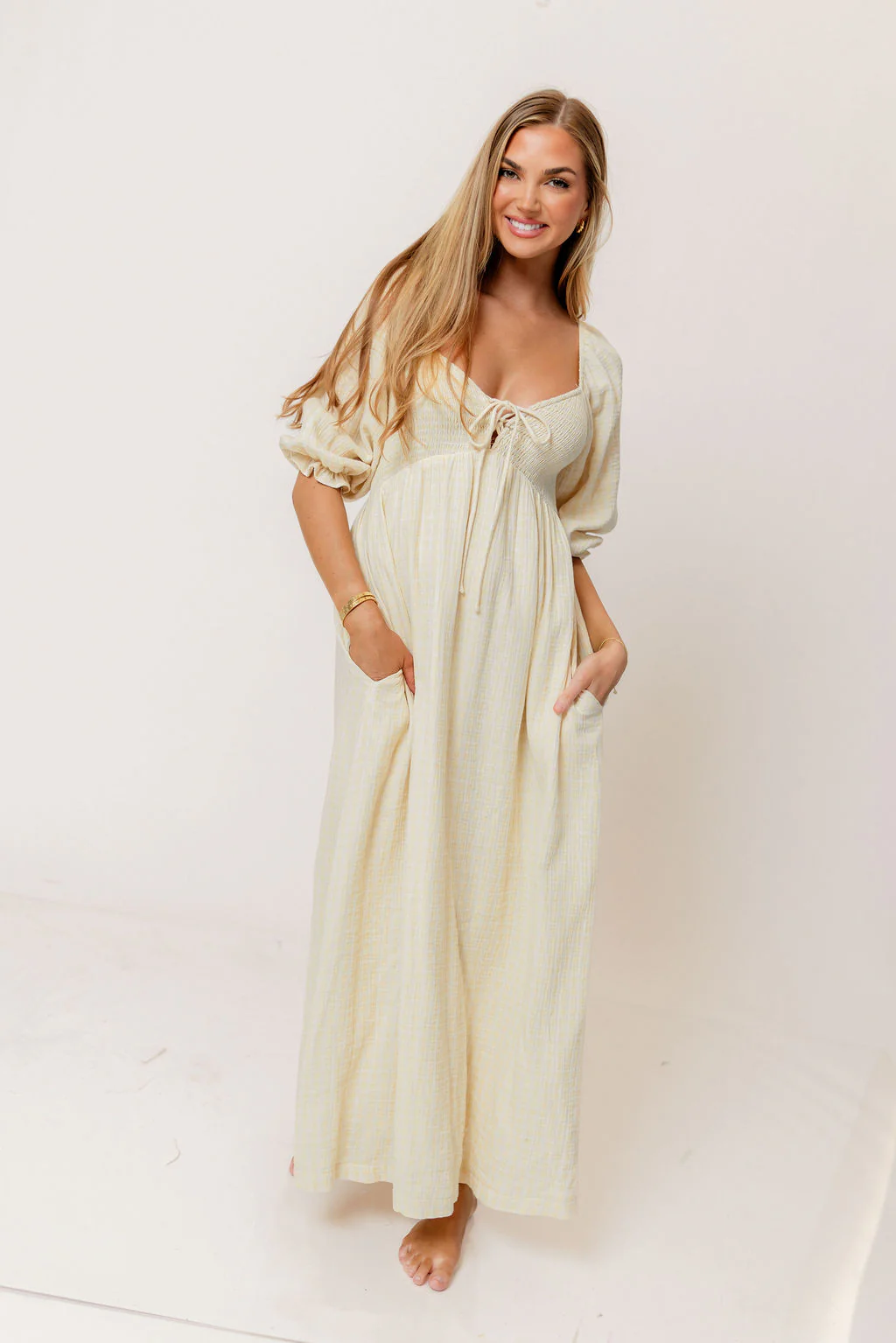 Cecilia 100% Cotton Smocked Maxi Dress in Custard Plaid (Lined) - Bump Friendly - Image 4