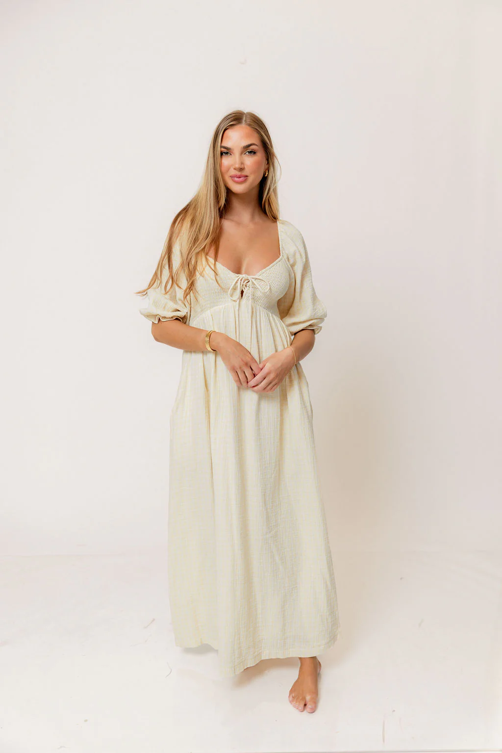 Cecilia 100% Cotton Smocked Maxi Dress in Custard Plaid (Lined) - Bump Friendly - Image 5