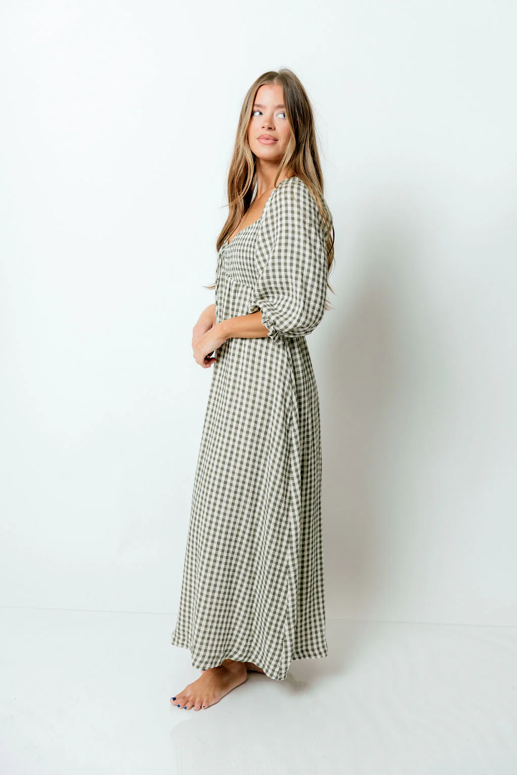 Cecilia 100% Cotton Smocked Maxi Dress in Forest Plaid (Lined) - Bump Friendly - Image 2