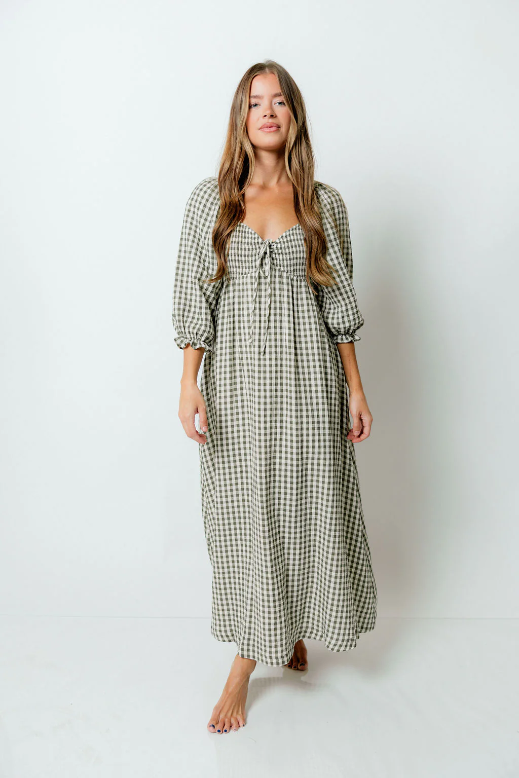 Cecilia 100% Cotton Smocked Maxi Dress in Forest Plaid (Lined) - Bump Friendly - Image 4