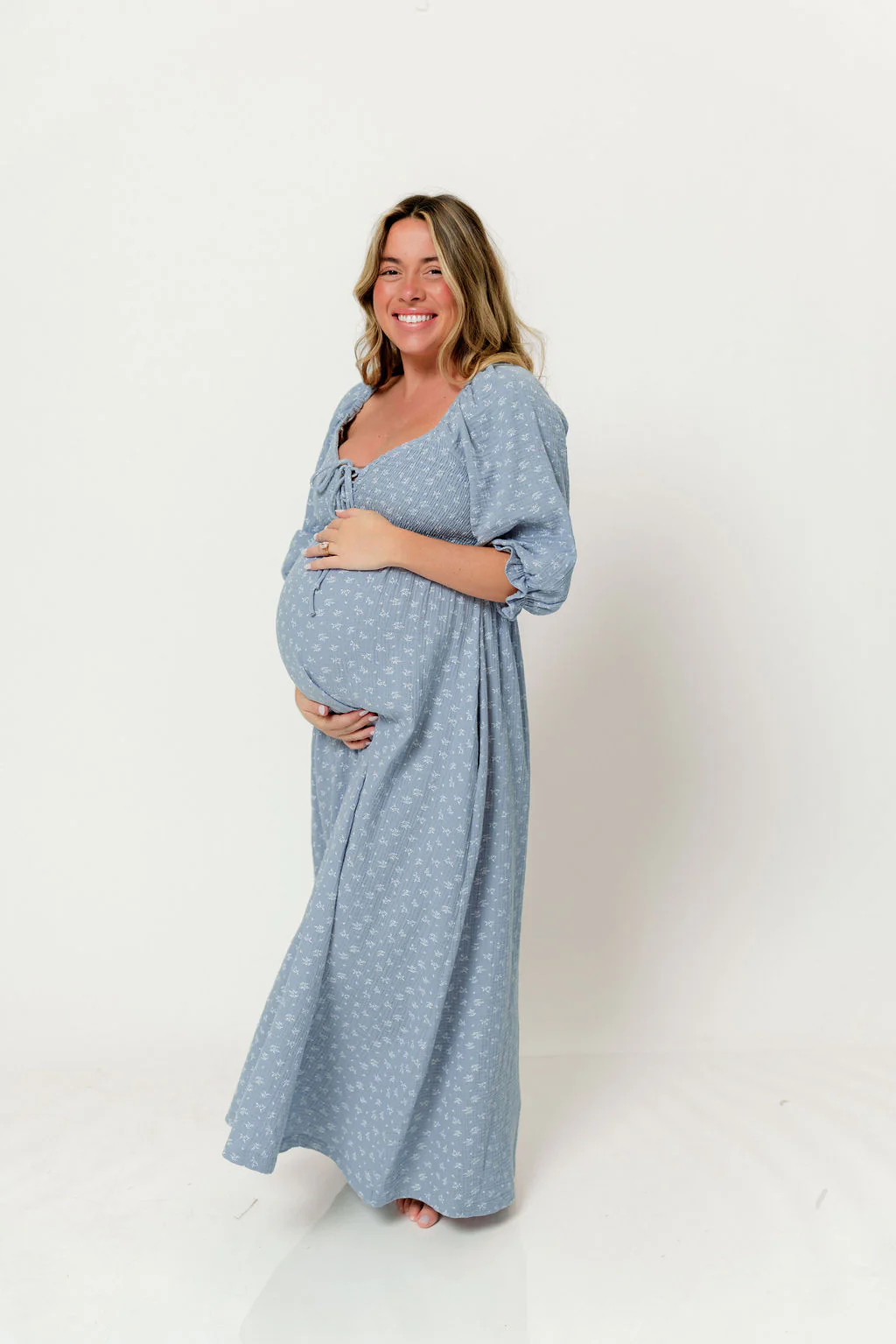 Cecilia 100% Cotton Smocked Maxi Dress in Light Indigo Foliage - Bump Friendly