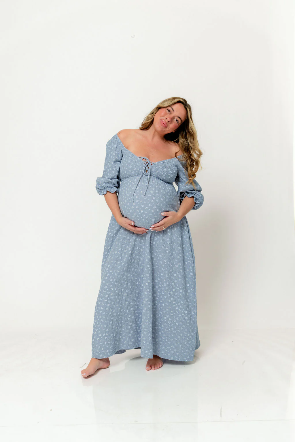 Cecilia 100% Cotton Smocked Maxi Dress in Light Indigo Foliage - Bump Friendly - Image 10