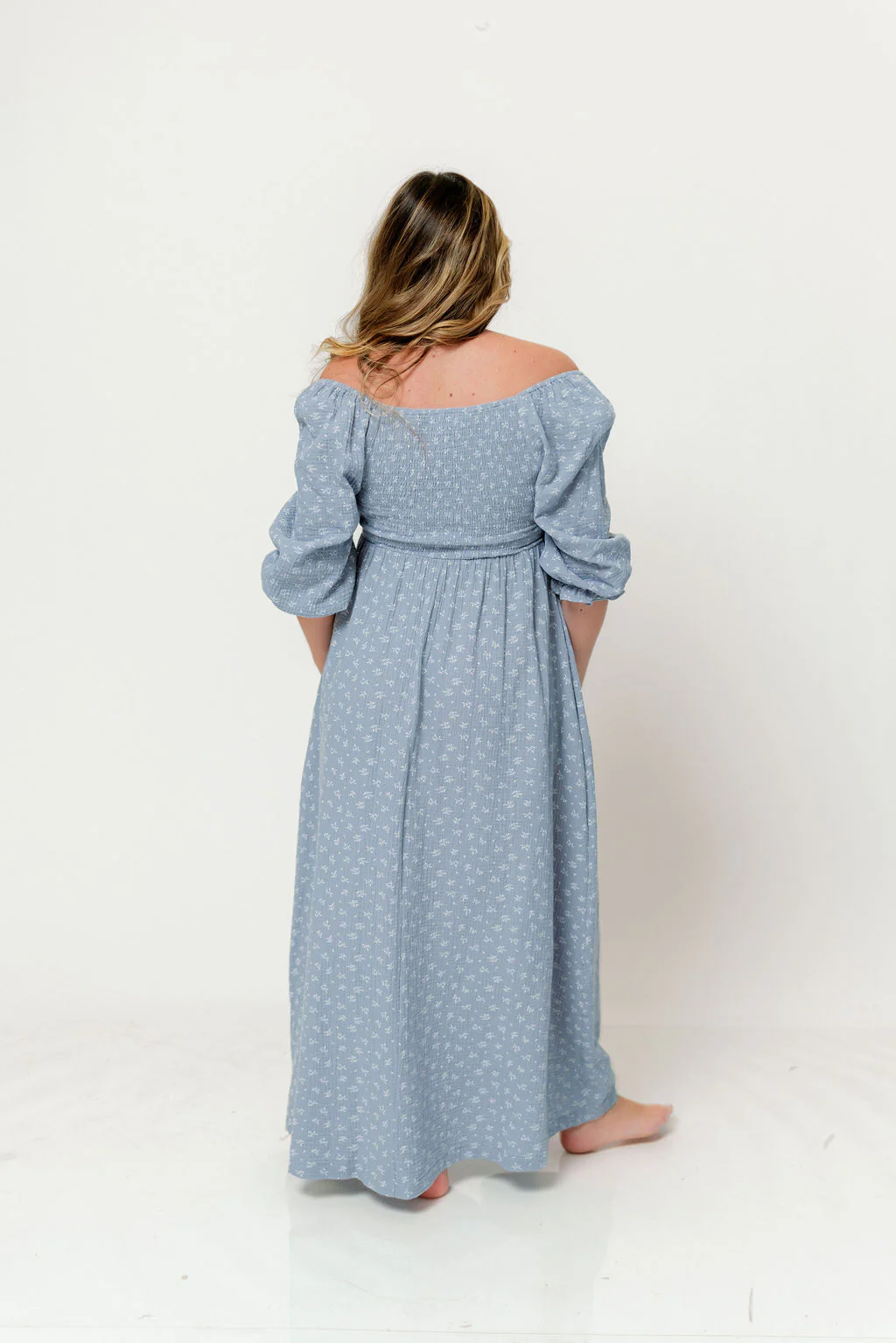 Cecilia 100% Cotton Smocked Maxi Dress in Light Indigo Foliage - Bump Friendly - Image 11