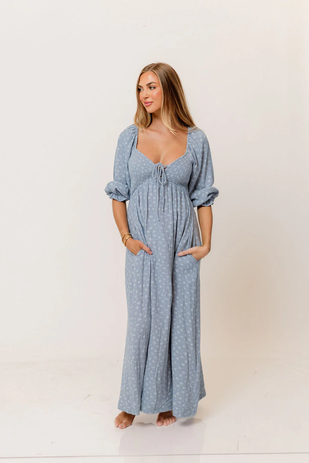 Cecilia 100% Cotton Smocked Maxi Dress in Light Indigo Foliage - Bump Friendly - Image 12
