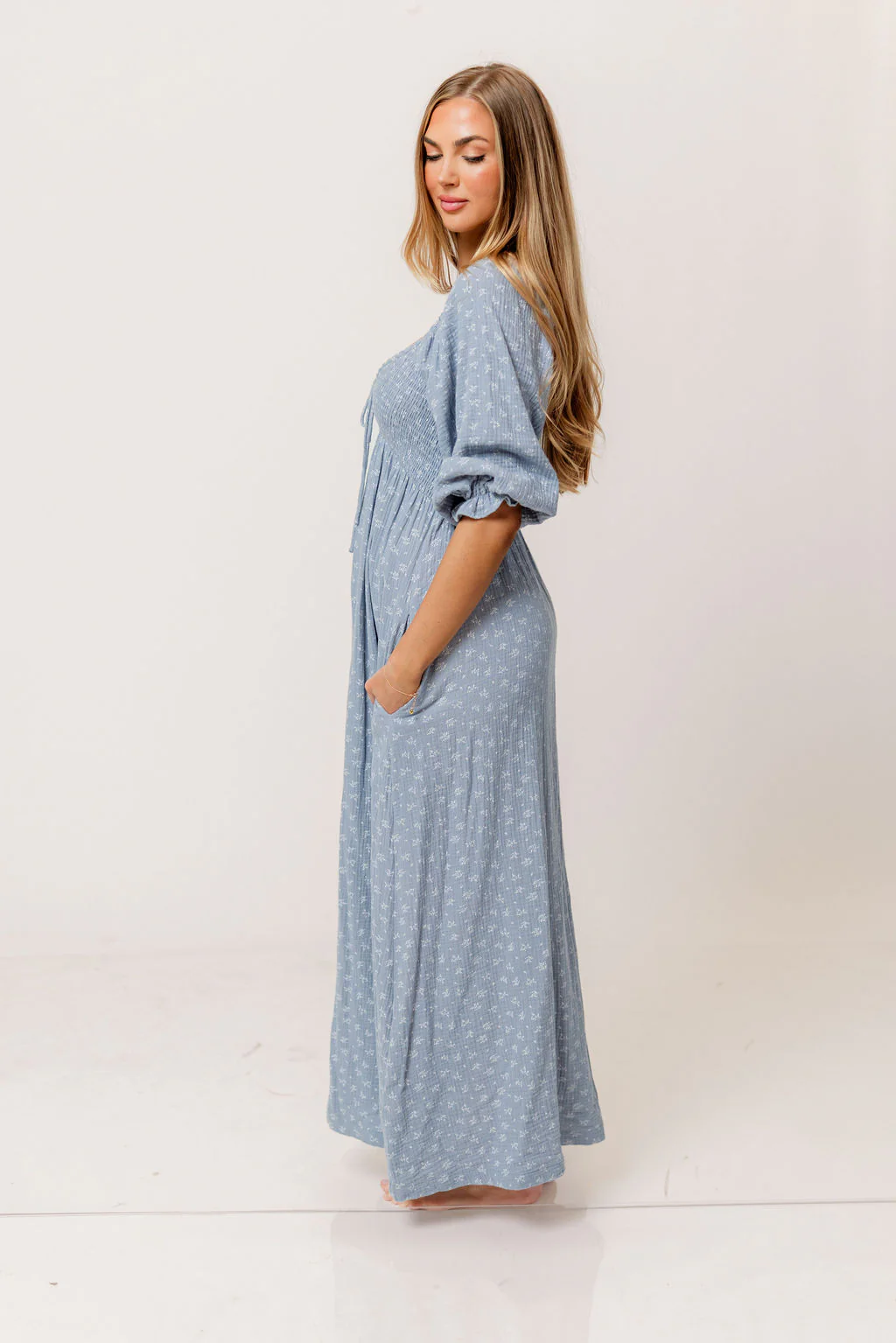 Cecilia 100% Cotton Smocked Maxi Dress in Light Indigo Foliage - Bump Friendly - Image 13