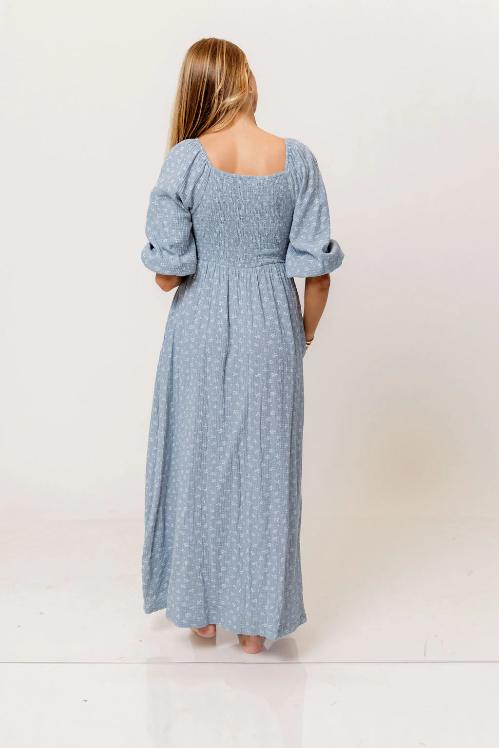 Cecilia 100% Cotton Smocked Maxi Dress in Light Indigo Foliage - Bump Friendly - Image 14