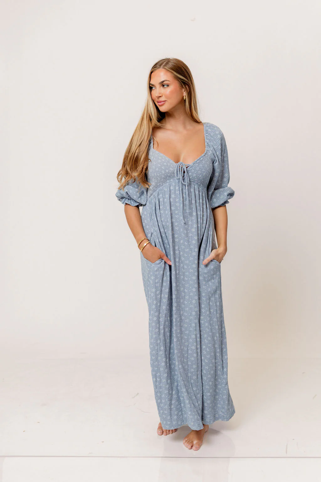 Cecilia 100% Cotton Smocked Maxi Dress in Light Indigo Foliage - Bump Friendly - Image 2