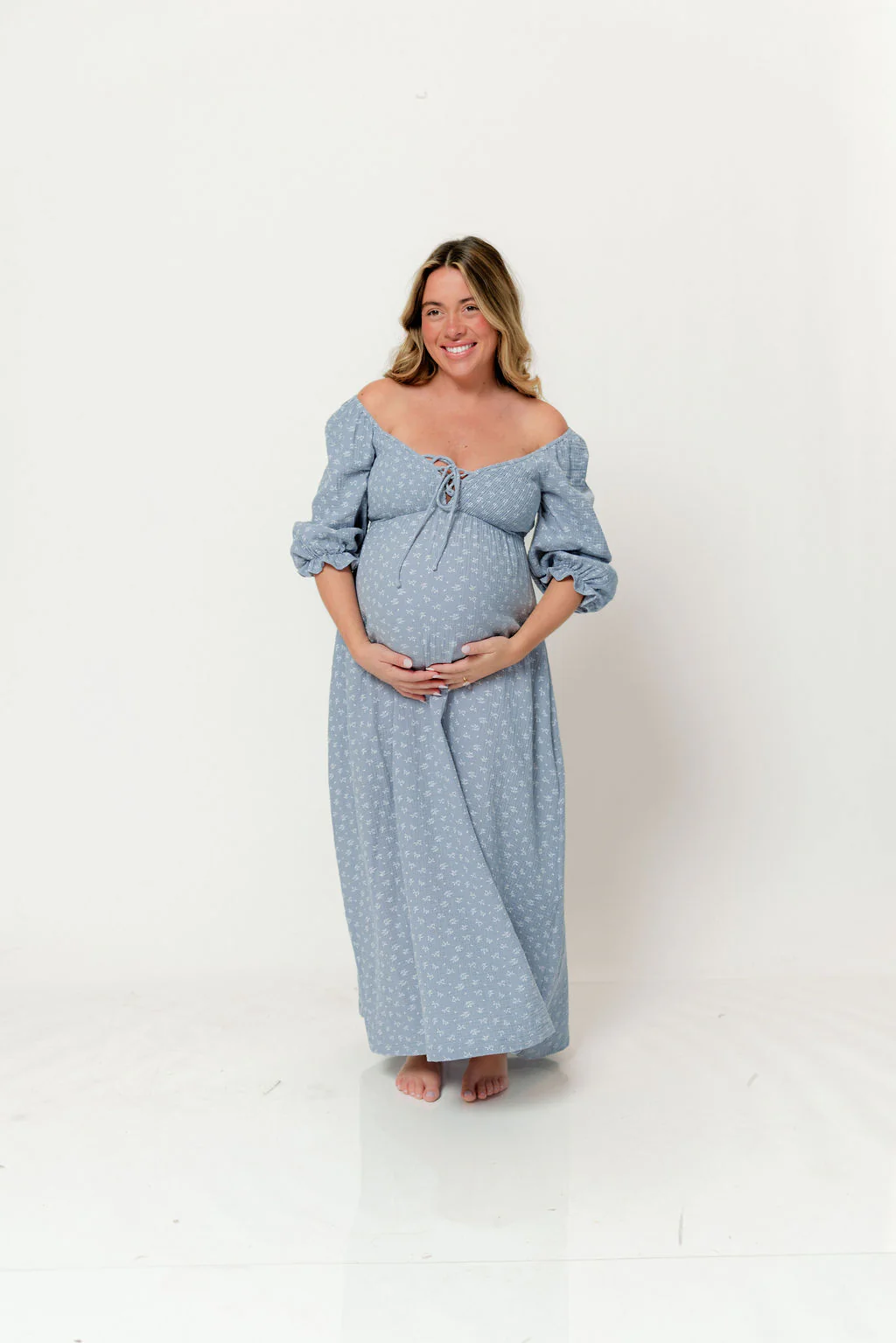 Cecilia 100% Cotton Smocked Maxi Dress in Light Indigo Foliage - Bump Friendly - Image 3