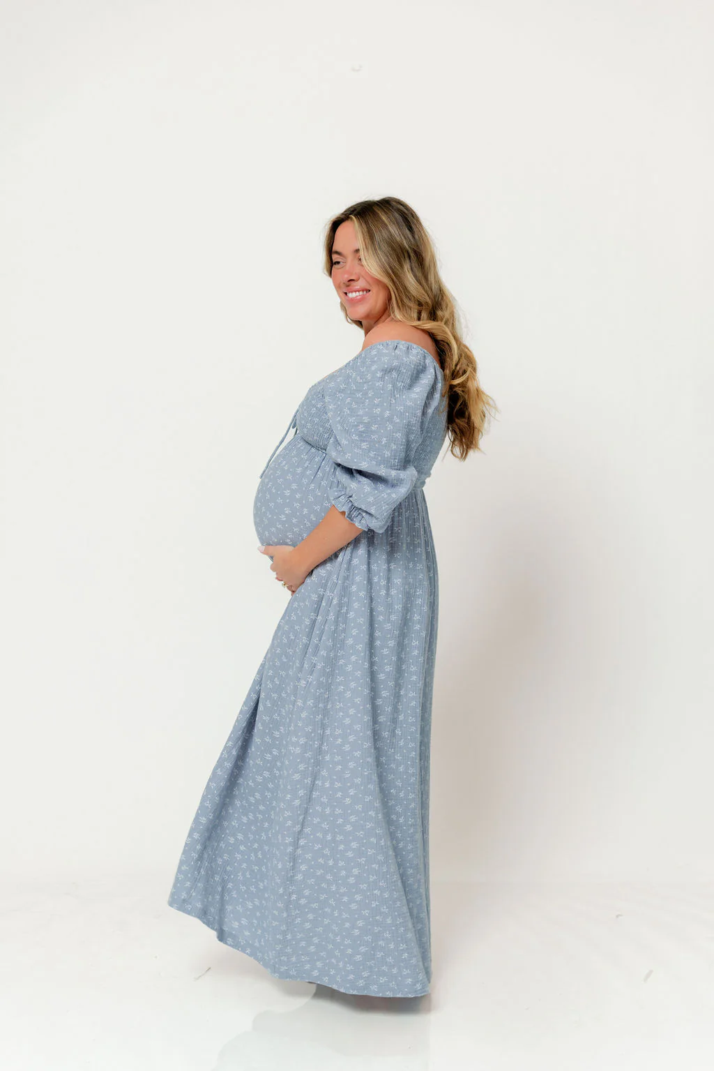 Cecilia 100% Cotton Smocked Maxi Dress in Light Indigo Foliage - Bump Friendly - Image 5