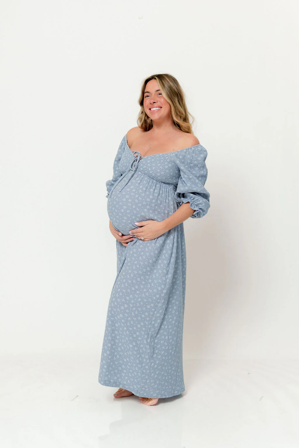 Cecilia 100% Cotton Smocked Maxi Dress in Light Indigo Foliage - Bump Friendly - Image 6