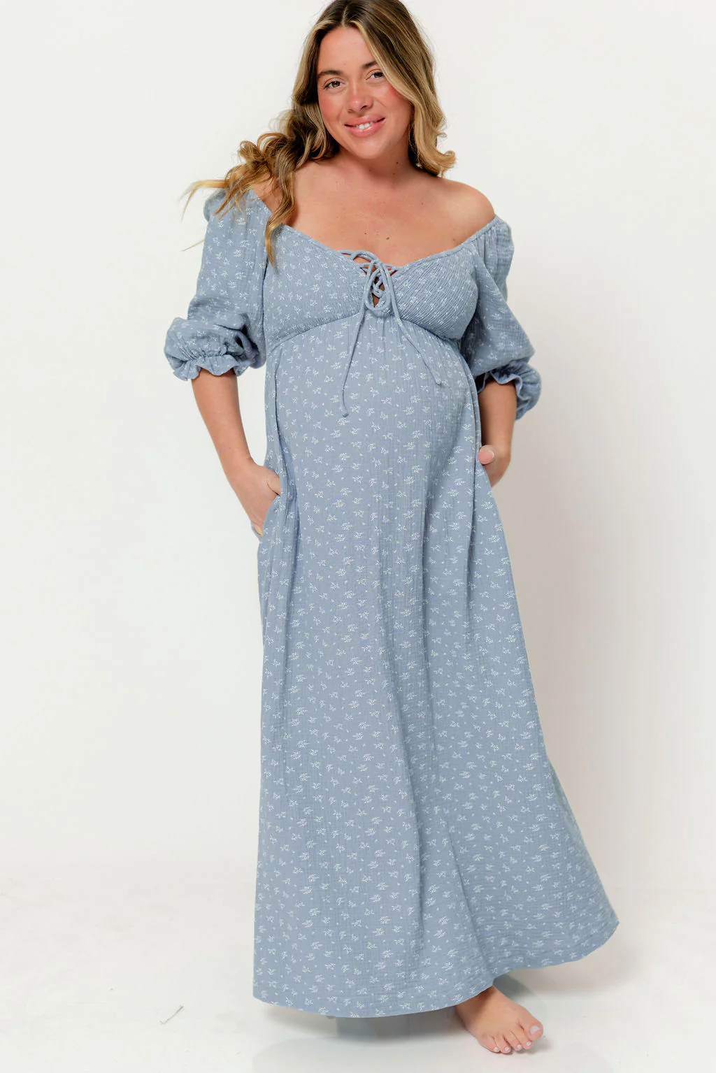 Cecilia 100% Cotton Smocked Maxi Dress in Light Indigo Foliage - Bump Friendly - Image 7