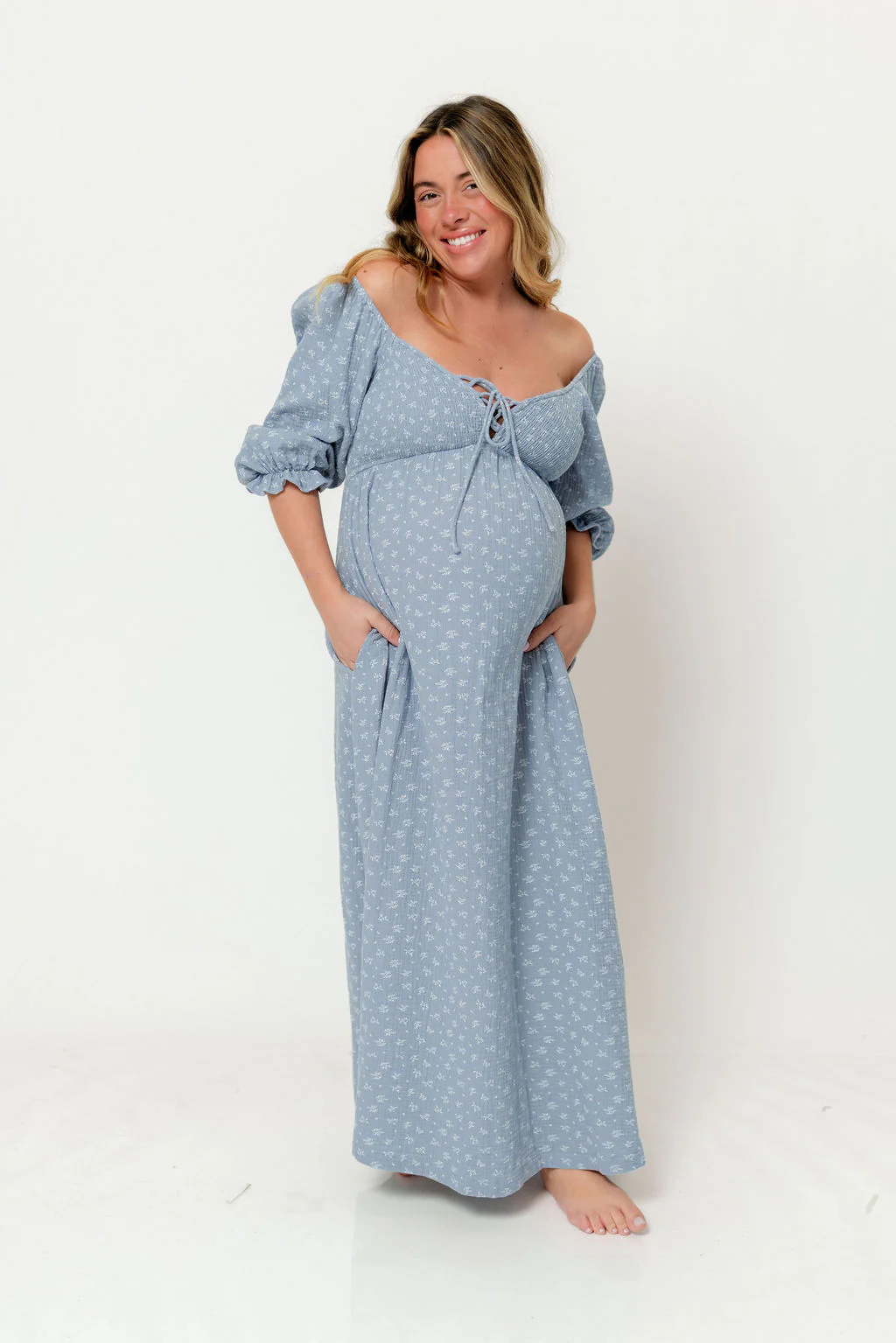 Cecilia 100% Cotton Smocked Maxi Dress in Light Indigo Foliage - Bump Friendly - Image 8