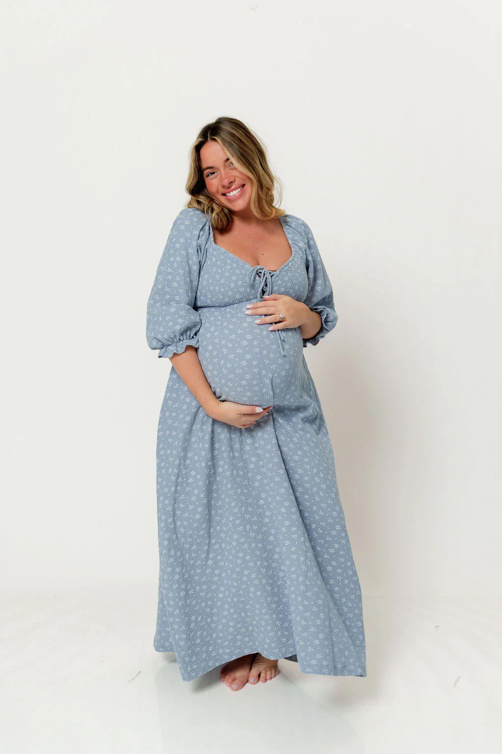 Cecilia 100% Cotton Smocked Maxi Dress in Light Indigo Foliage - Bump Friendly - Image 9
