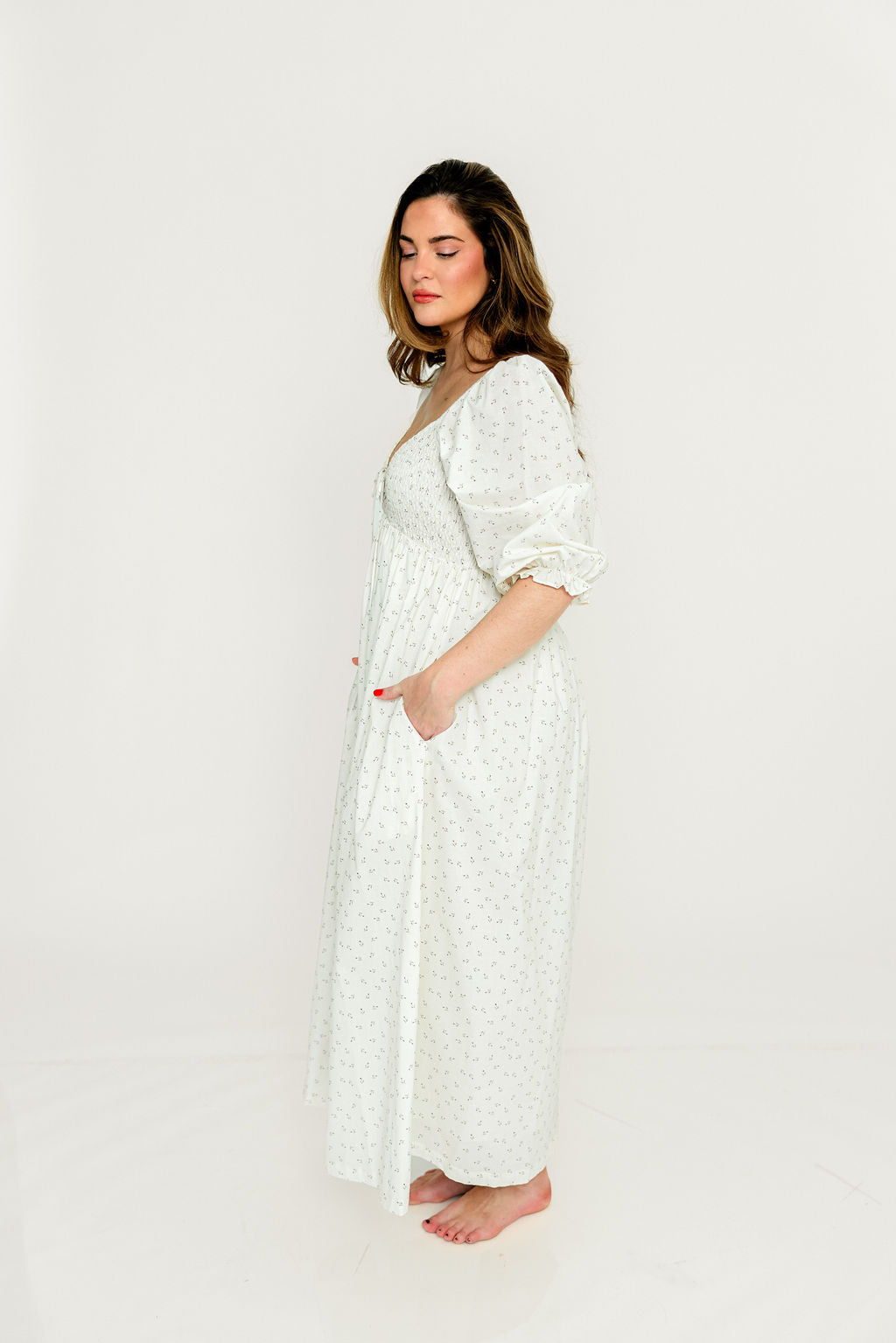 Cecilia 100% Cotton Smocked Maxi Dress in Ivory Floral (Lined) - Bump Friendly - Image 8