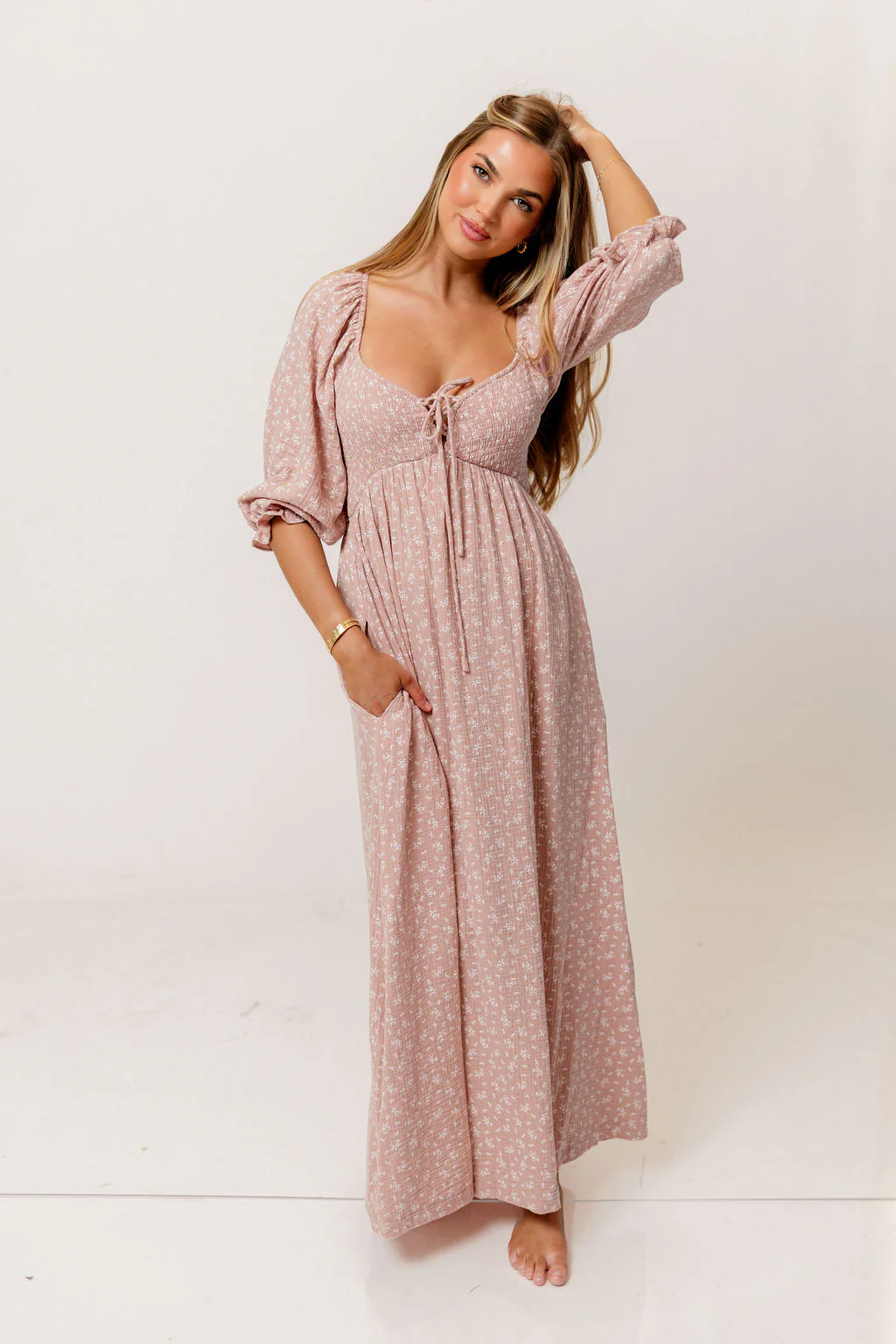 Cecilia 100% Cotton Smocked Maxi Dress in Rose Foliage - Bump Friendly - Image 3