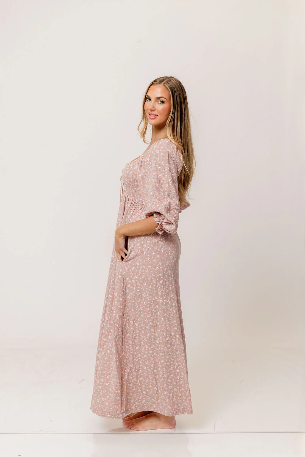 Cecilia 100% Cotton Smocked Maxi Dress in Rose Foliage - Bump Friendly - Image 4