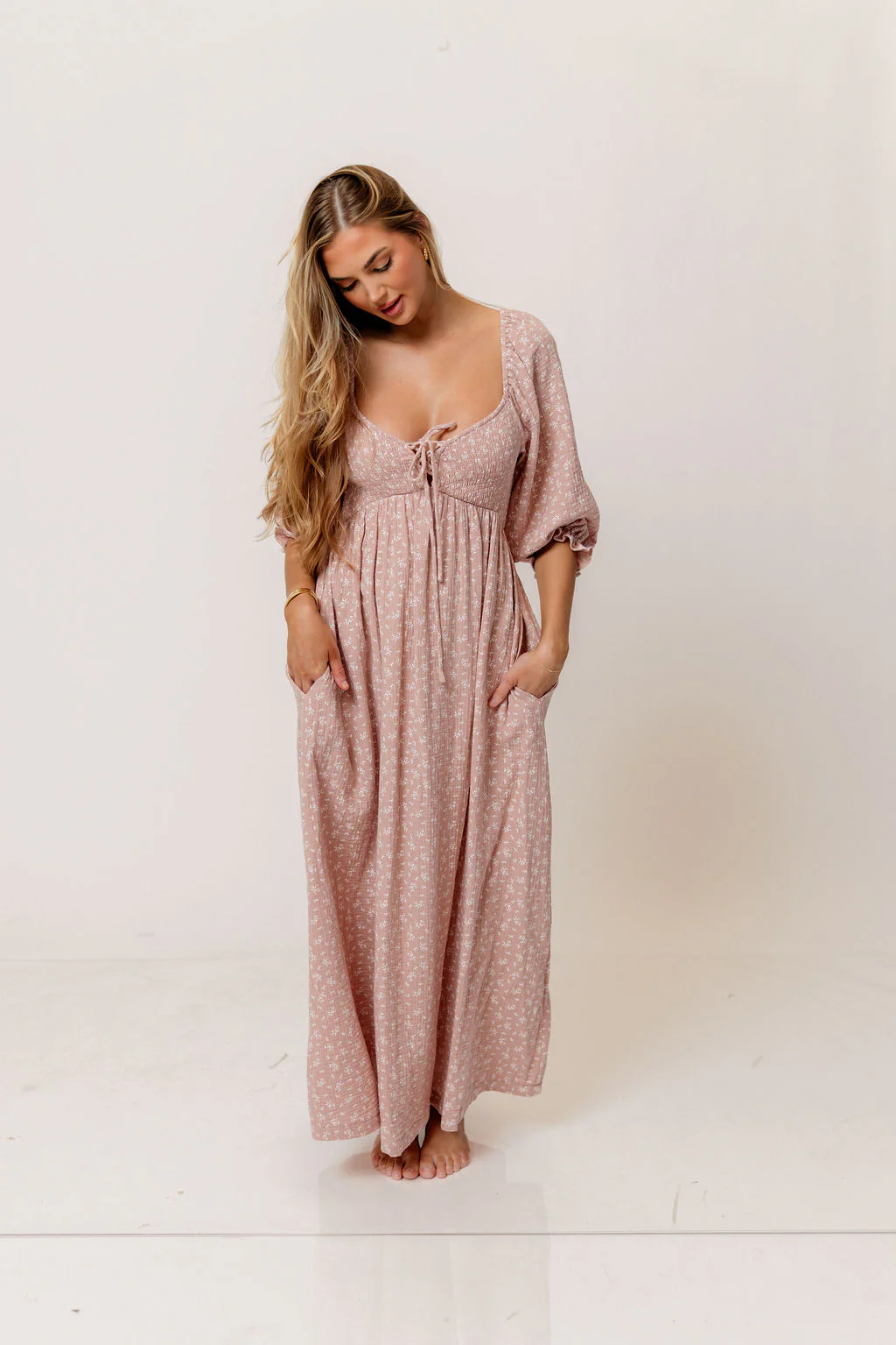 Cecilia 100% Cotton Smocked Maxi Dress in Rose Foliage - Bump Friendly - Image 5