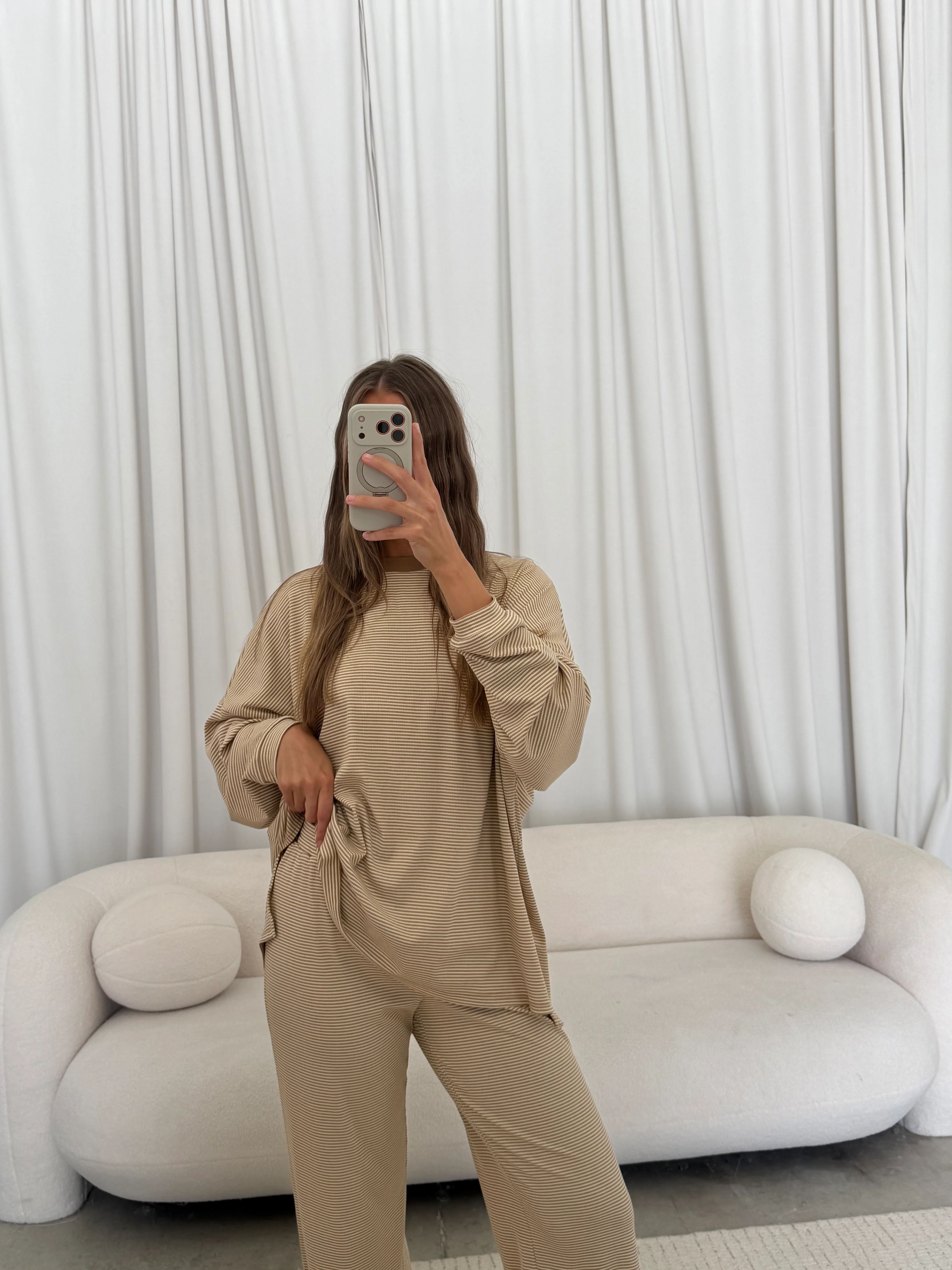 Cindy Striped Ribbed Top in Latte - Image 10