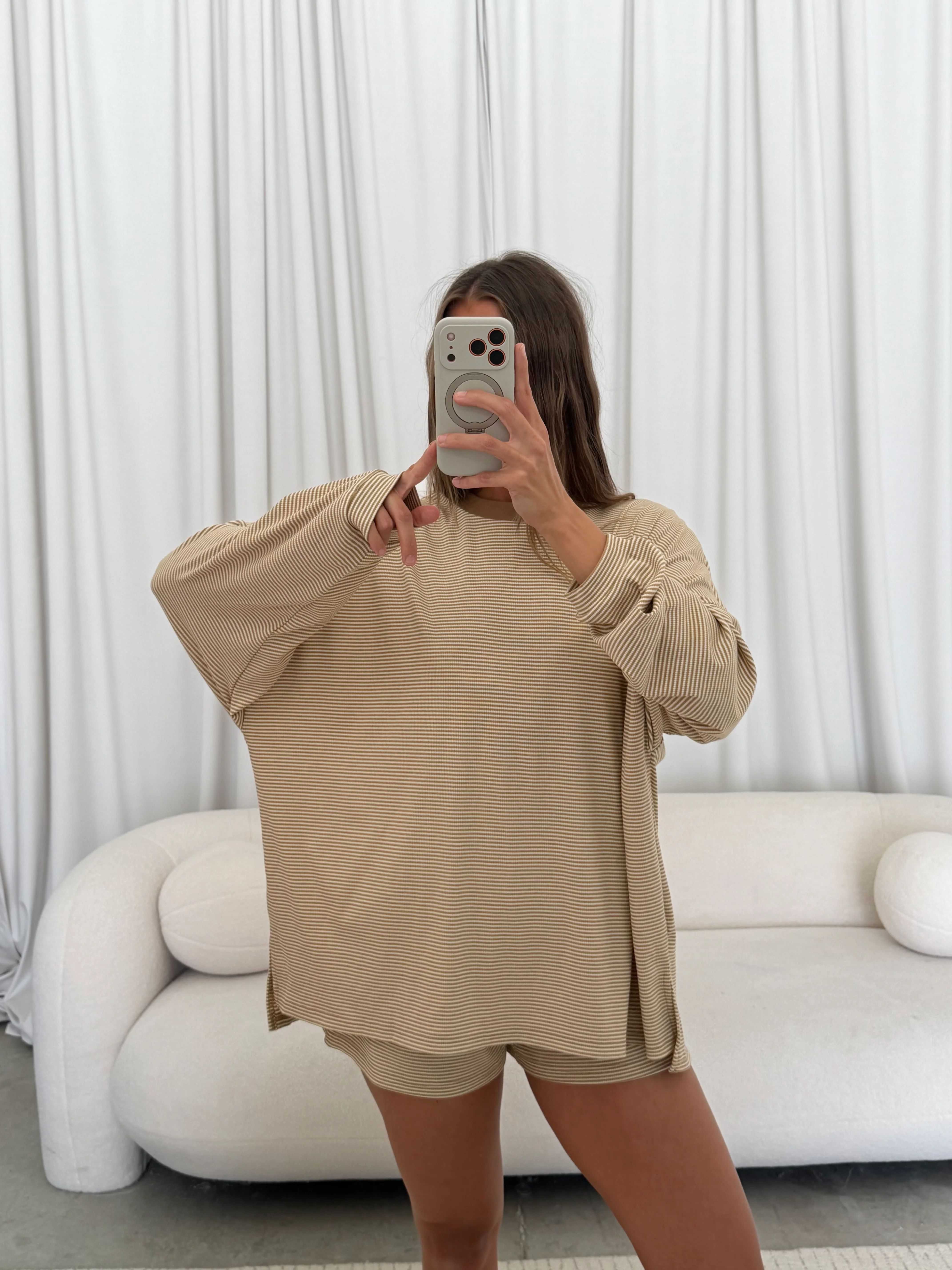 Cindy Striped Ribbed Top in Latte - Image 8