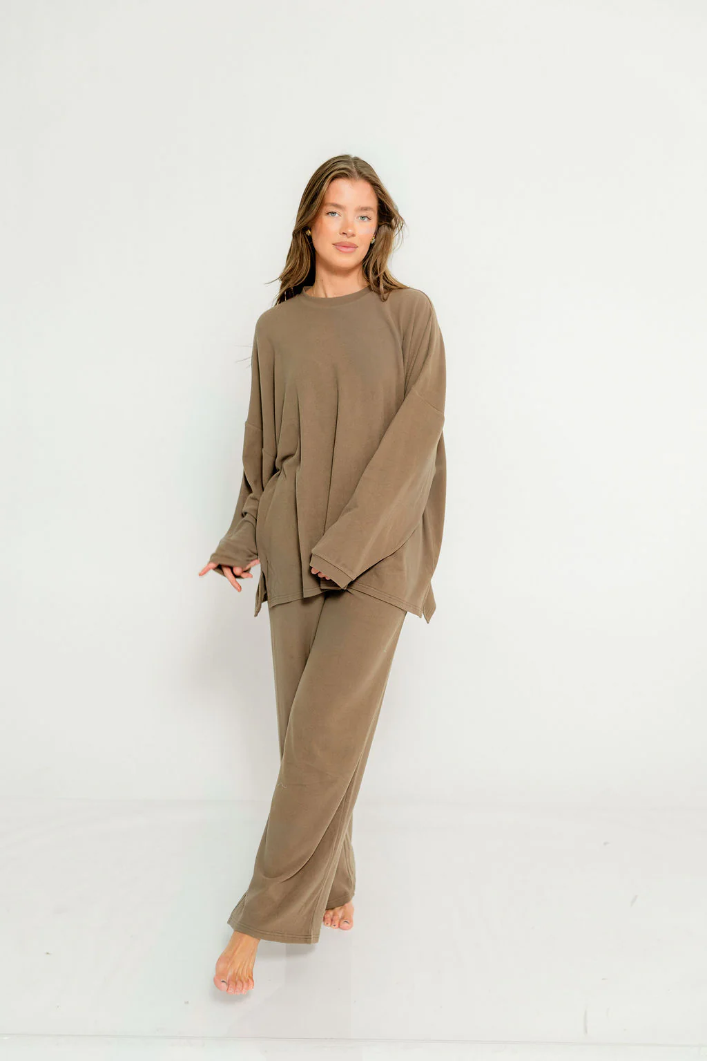 Naomi Oversized Fleece Long Sleeve Top in Olive Brown - Bump Friendly - Image 3