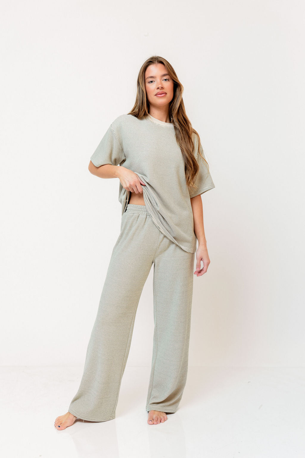 Naomi Striped Fleece Short Sleeve Top in Cream/Green - Bump Friendly - Image 3