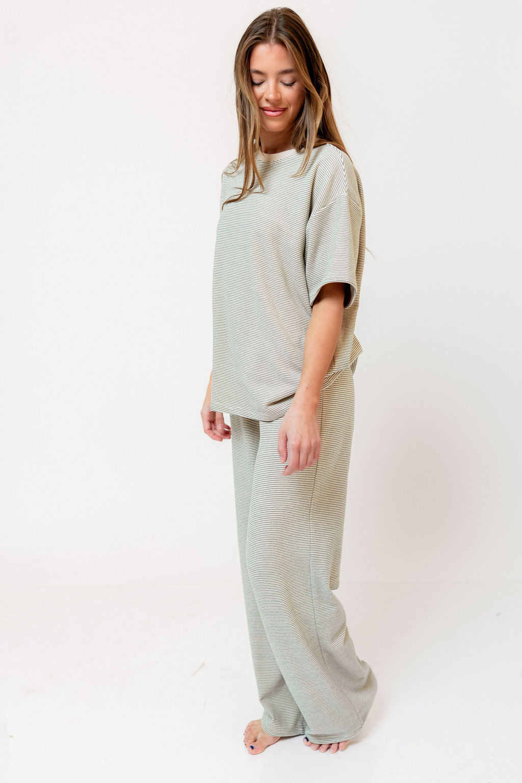 Naomi Striped Fleece Short Sleeve Top in Cream/Green - Bump Friendly - Image 5