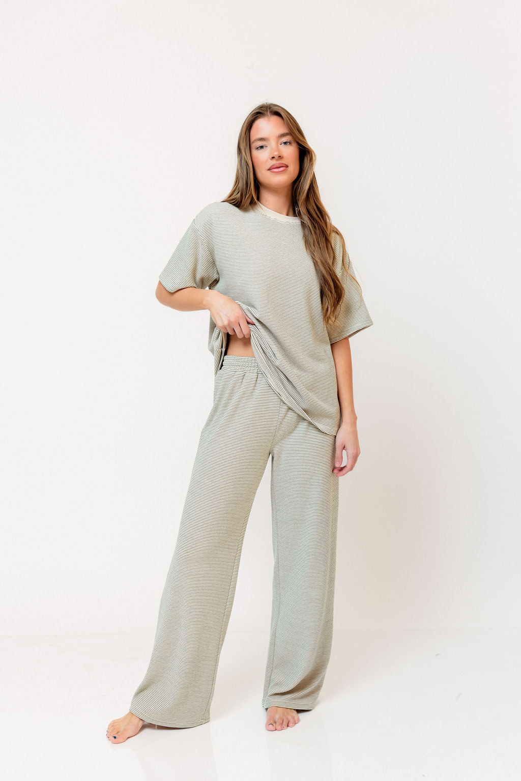 Naomi Striped Fleece Short Sleeve Top in Cream/Green - Bump Friendly - Image 6